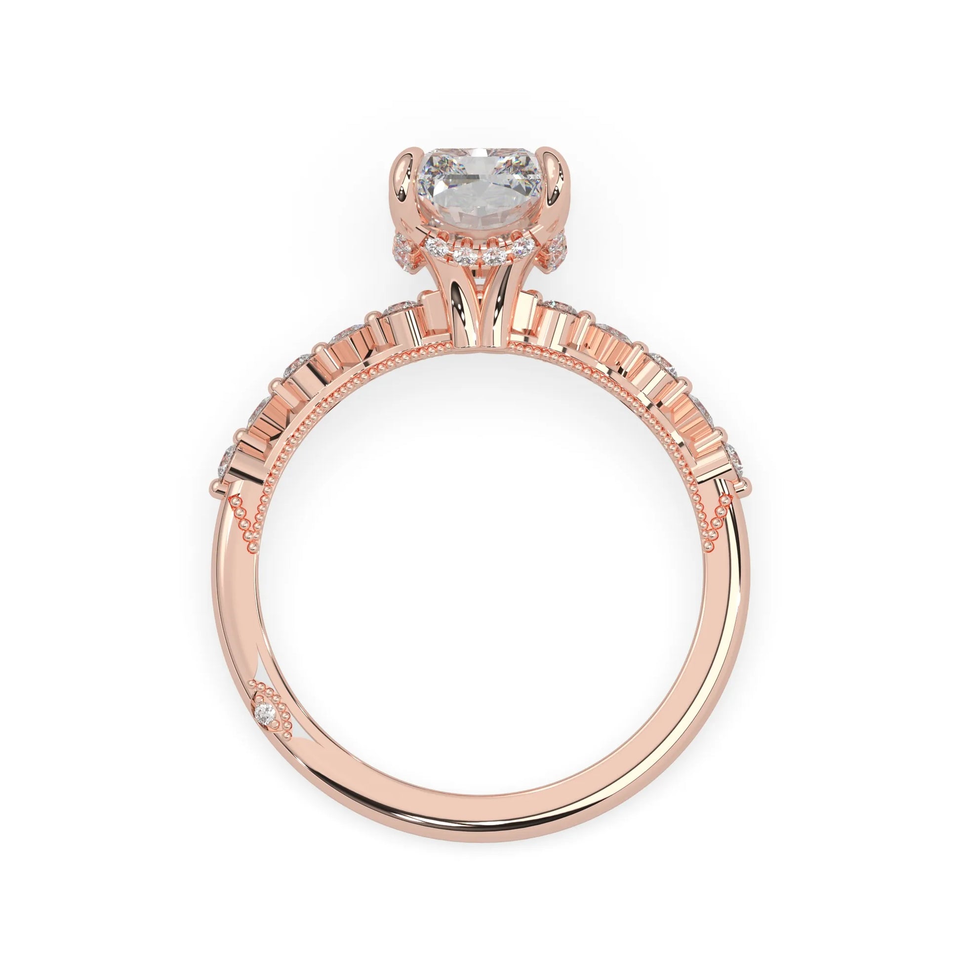 Emerald cut lab grown diamond engagement ring with pavé princess and round diamond accents in rose gold