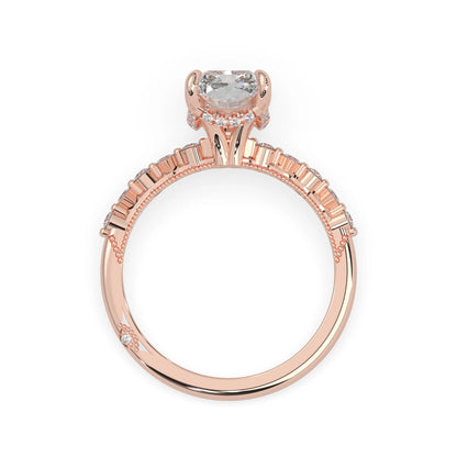 Emerald cut lab grown diamond engagement ring with pavé princess and round diamond accents in rose gold