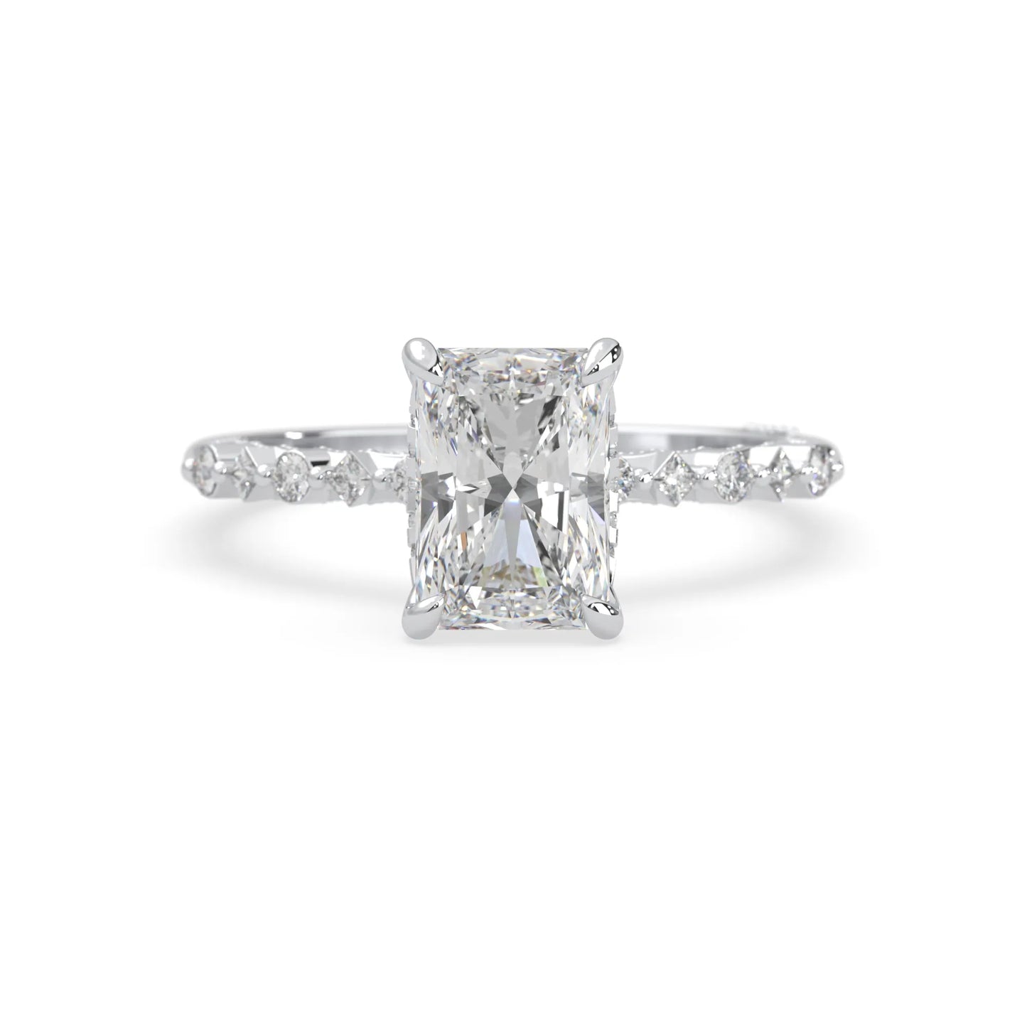 Emerald cut lab grown diamond engagement ring with pavé princess and round diamond accents in white gold