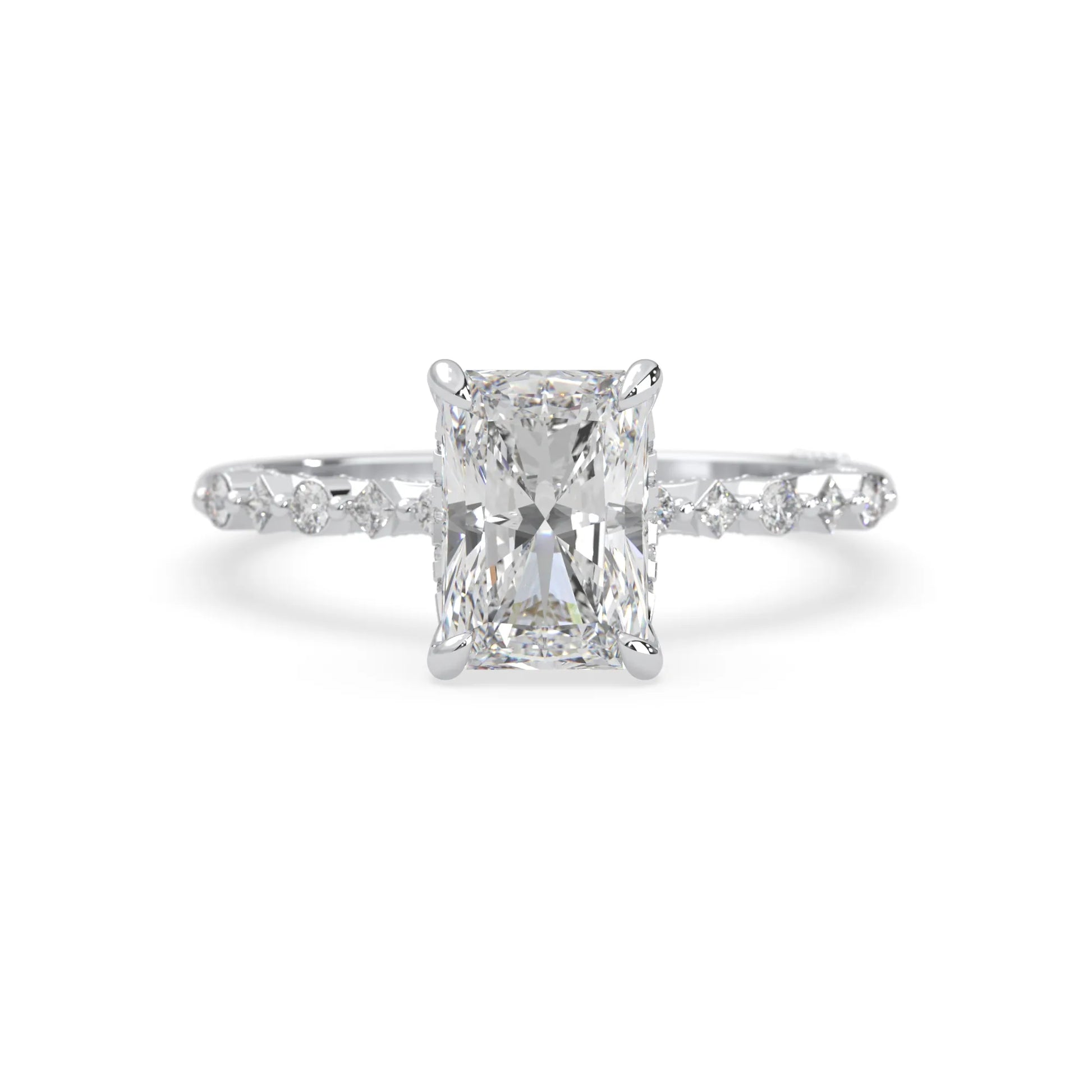 Emerald cut lab grown diamond engagement ring with pavé princess and round diamond accents in white gold