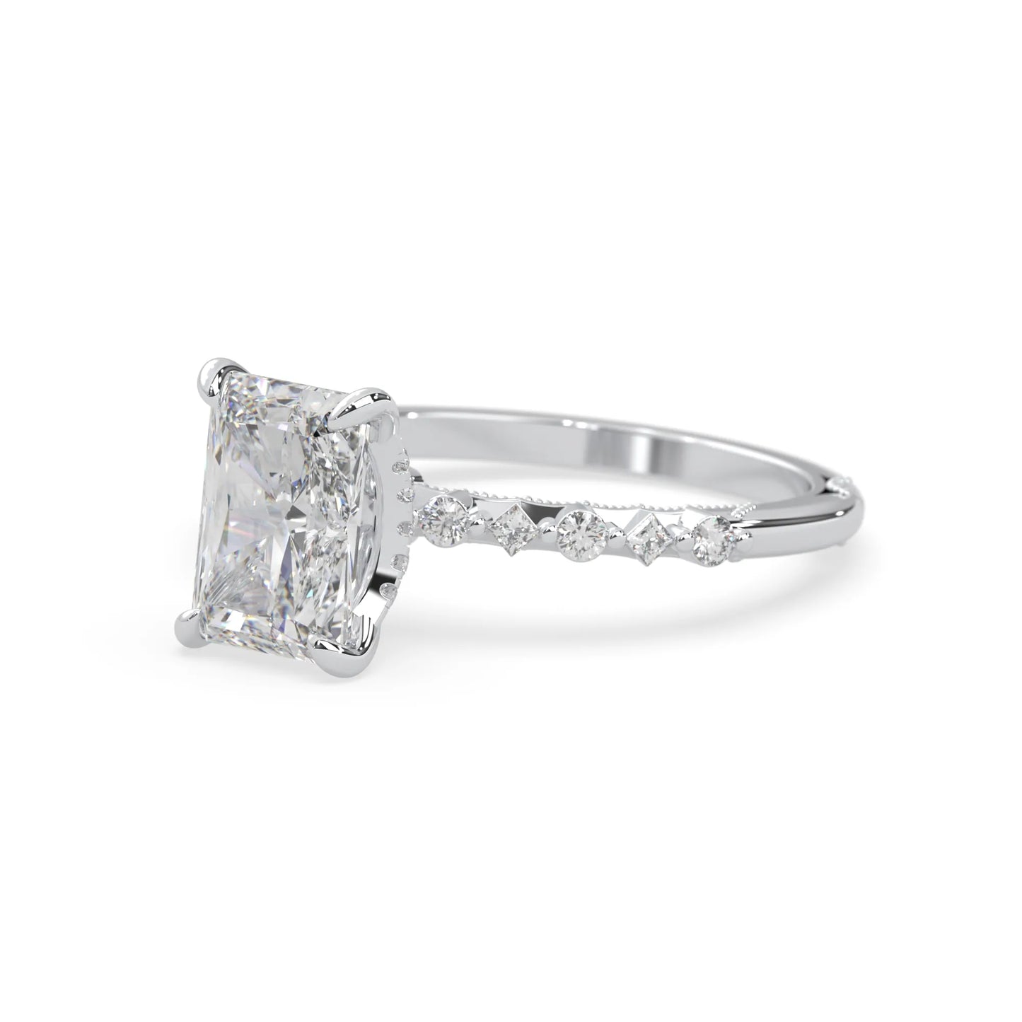 Emerald cut lab grown diamond engagement ring with pavé princess and round diamond accents in white gold