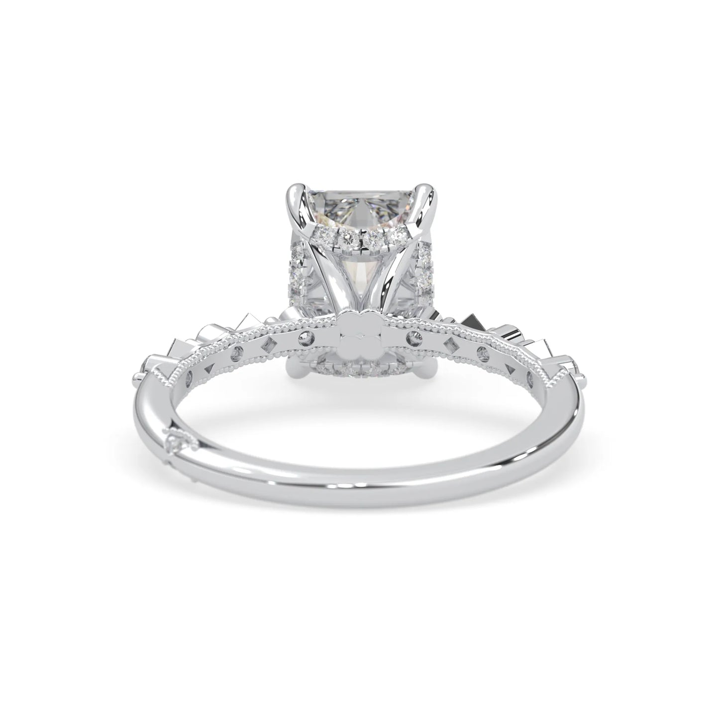 Emerald cut lab grown diamond engagement ring with pavé princess and round diamond accents in white gold