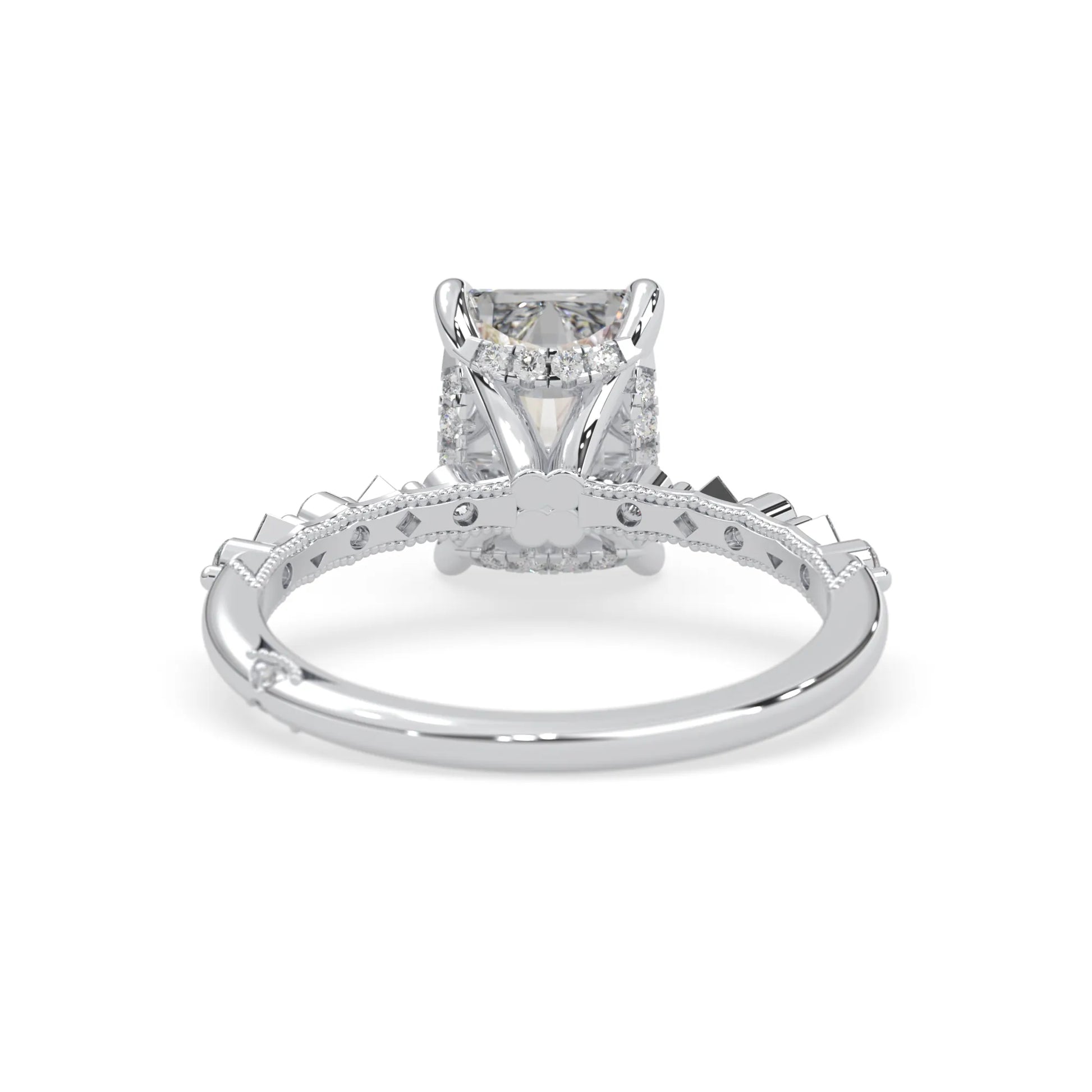 Emerald cut lab grown diamond engagement ring with pavé princess and round diamond accents in white gold