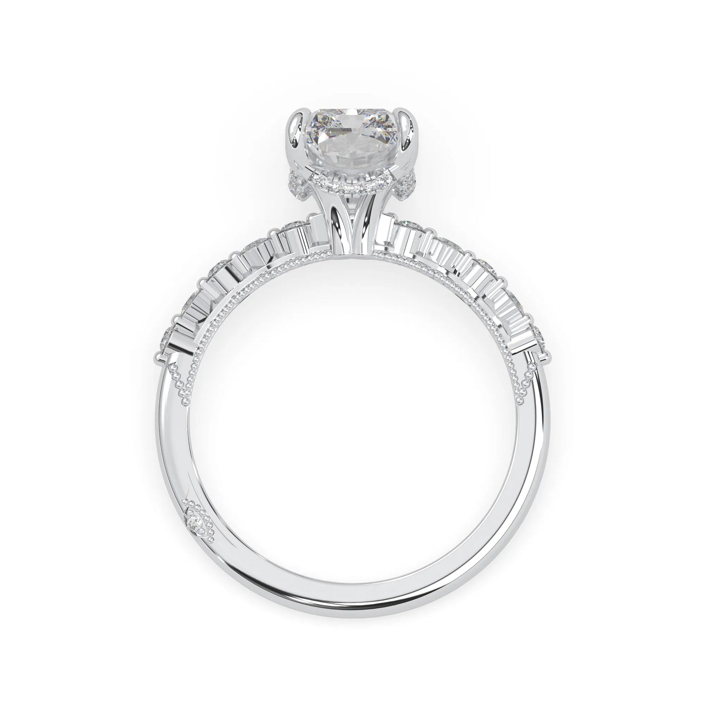 Emerald cut lab grown diamond engagement ring with pavé princess and round diamond accents in white gold