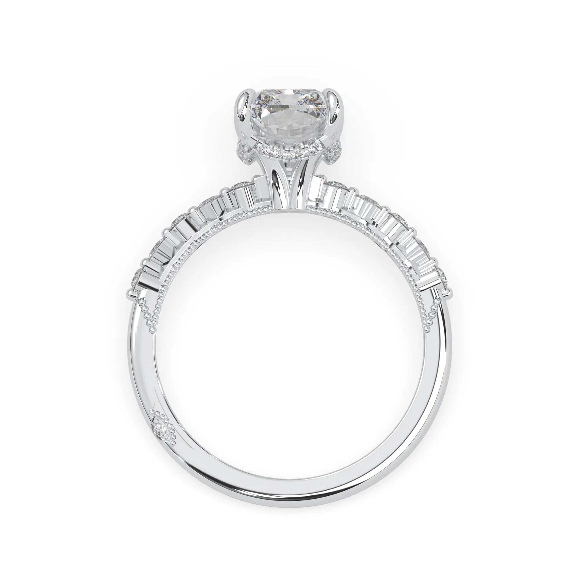 Emerald cut lab grown diamond engagement ring with pavé princess and round diamond accents in white gold