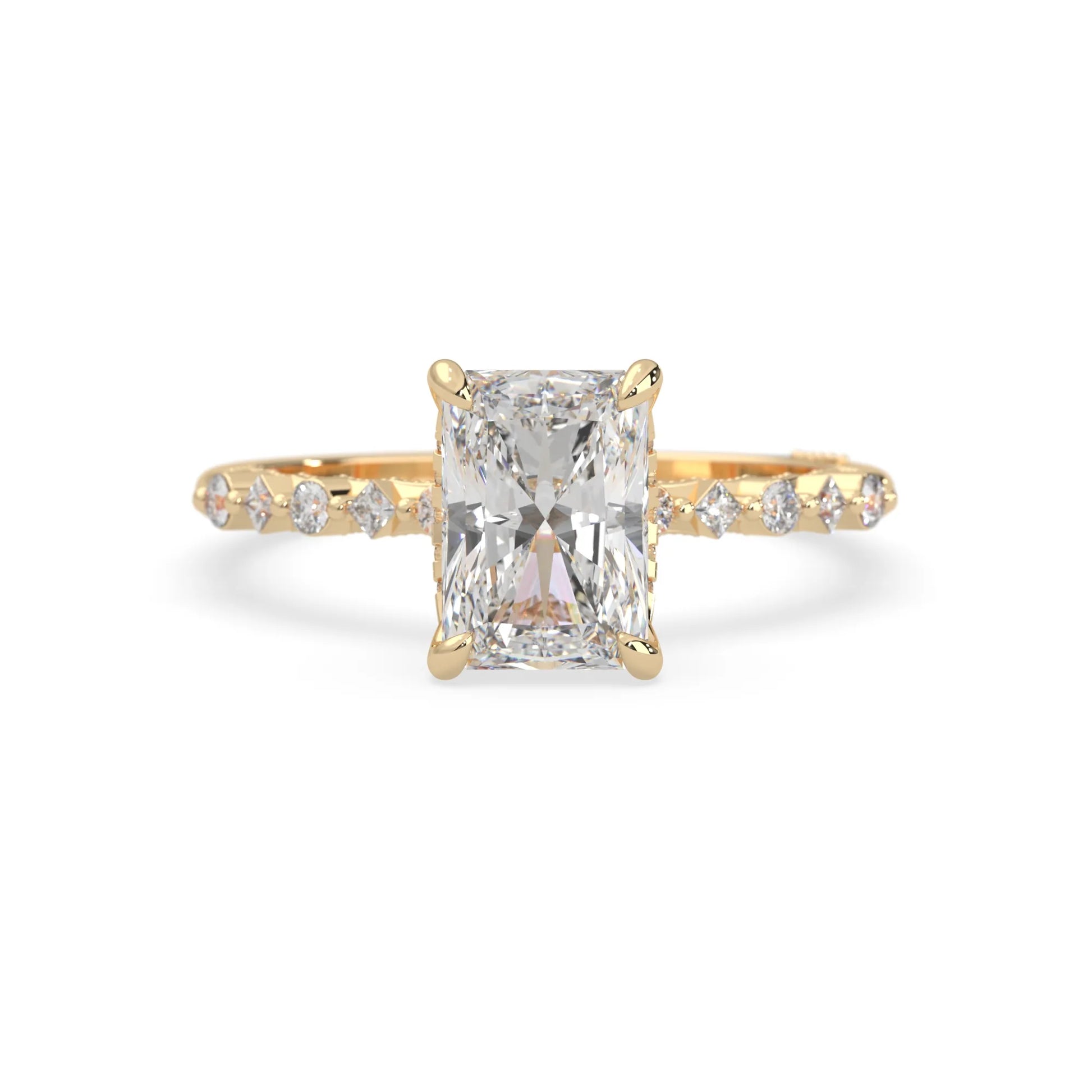 Emerald cut lab grown diamond engagement ring with pavé princess and round diamond accents in yellow gold