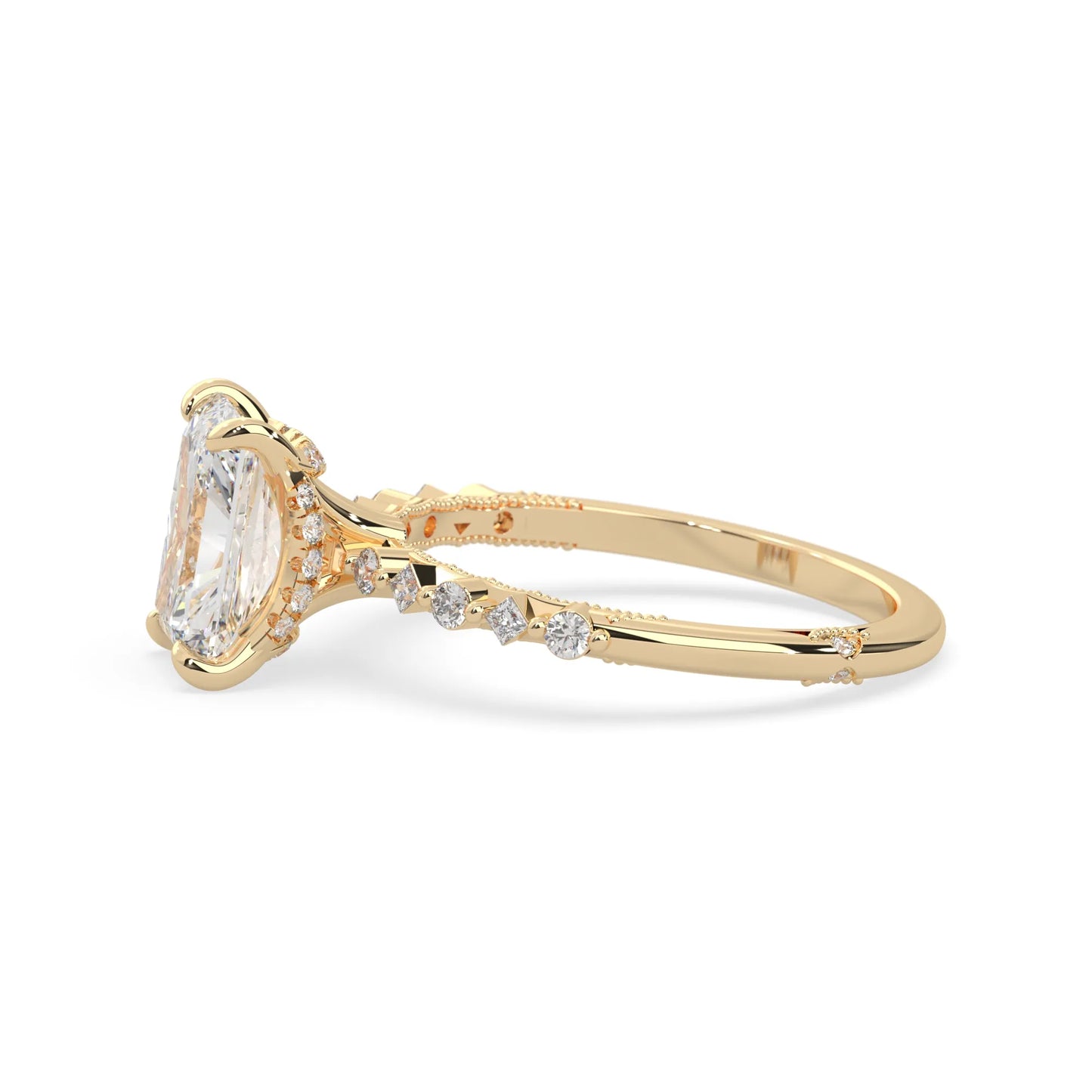 Emerald cut lab grown diamond engagement ring with pavé princess and round diamond accents in yellow gold