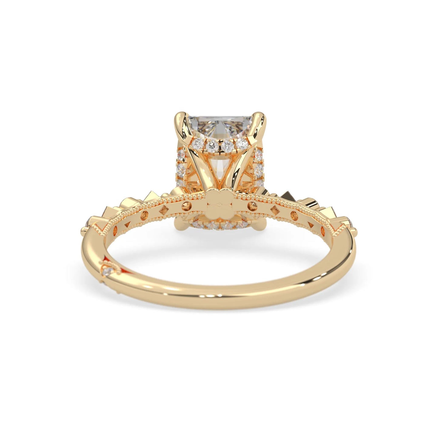 Emerald cut lab grown diamond engagement ring with pavé princess and round diamond accents in yellow gold