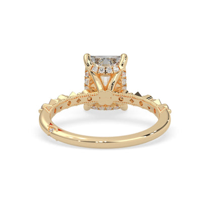 Emerald cut lab grown diamond engagement ring with pavé princess and round diamond accents in yellow gold