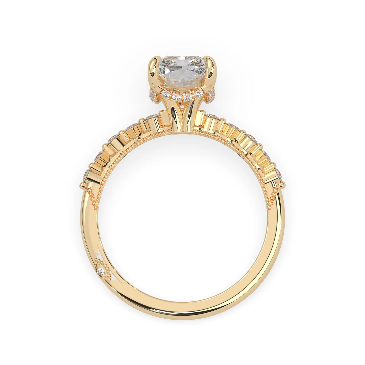 Emerald cut lab grown diamond engagement ring with pavé princess and round diamond accents in yellow gold