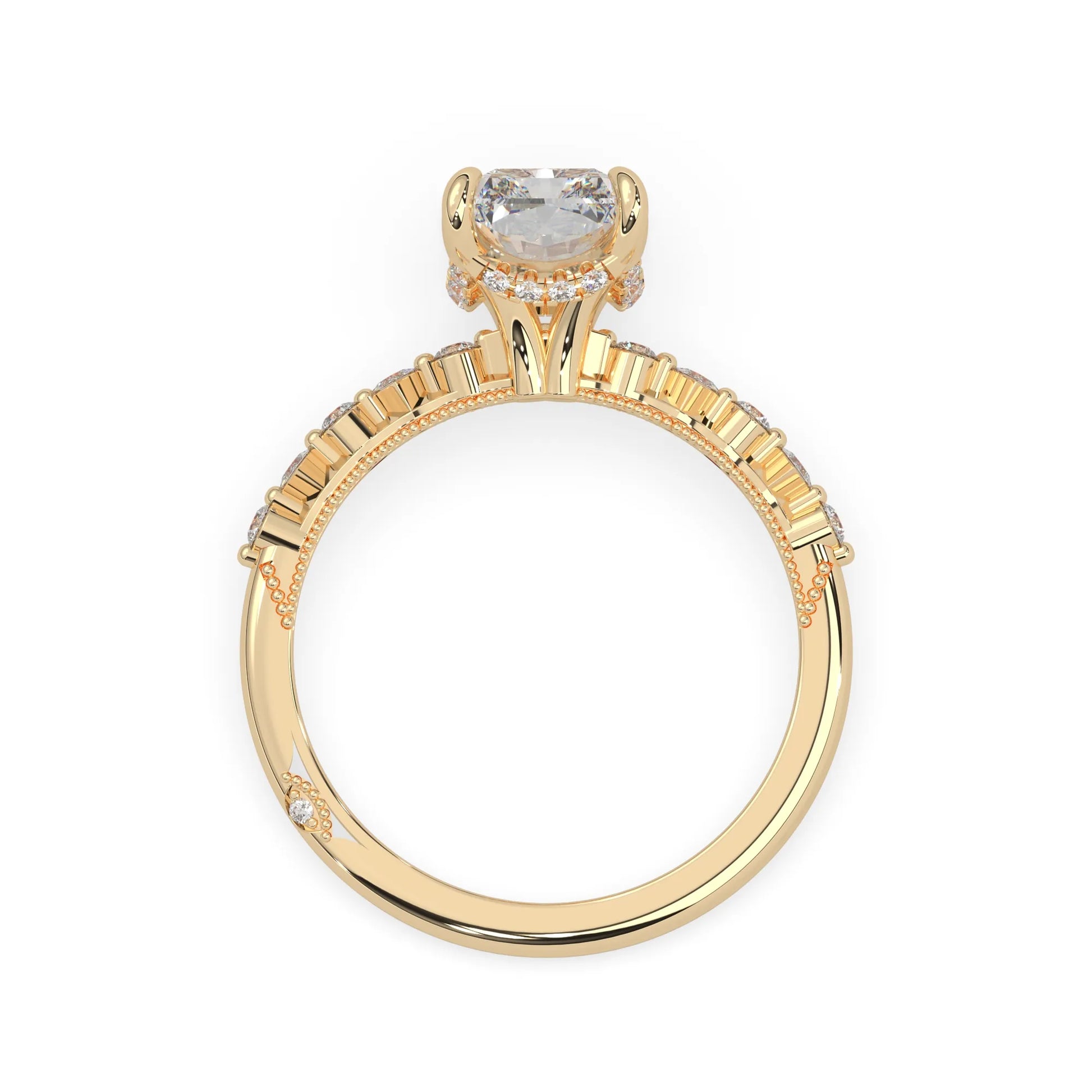 Emerald cut lab grown diamond engagement ring with pavé princess and round diamond accents in yellow gold