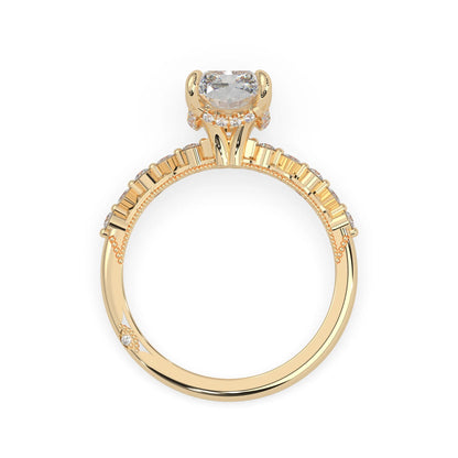 Emerald cut lab grown diamond engagement ring with pavé princess and round diamond accents in yellow gold