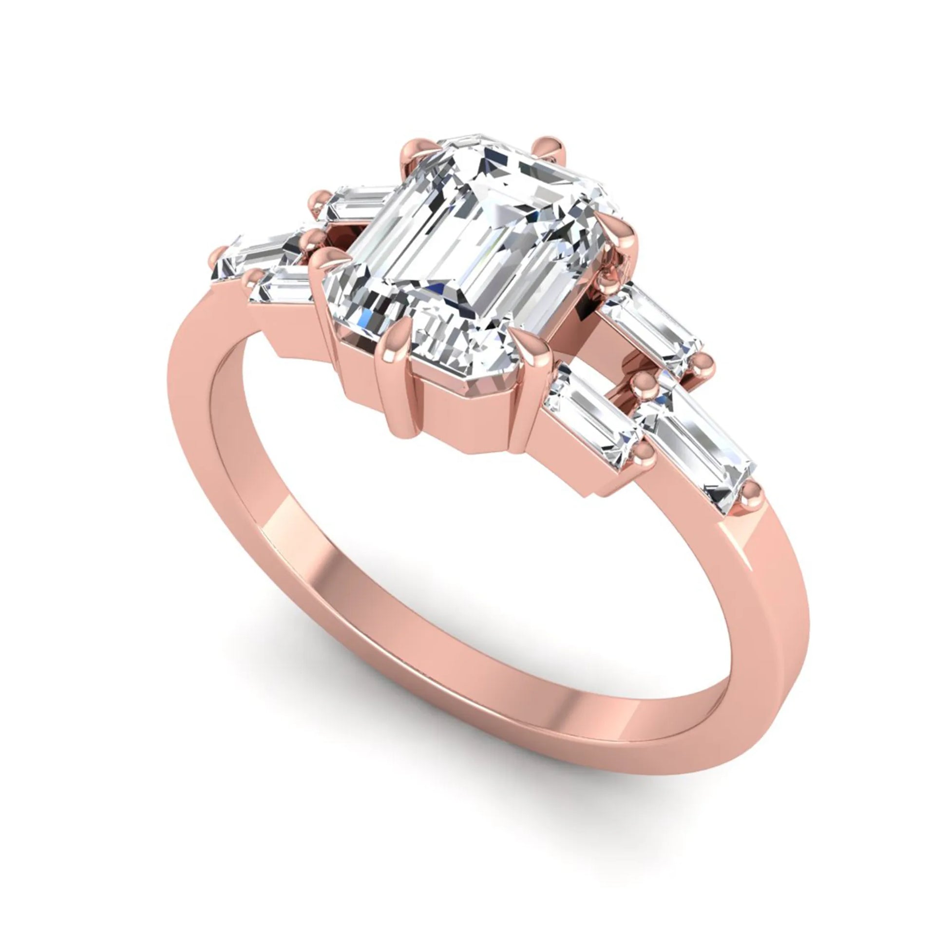 Emerald cut lab grown diamond engagement ring featuring an IGI certified center diamond with three-row baguette diamond shoulders in rose gold.