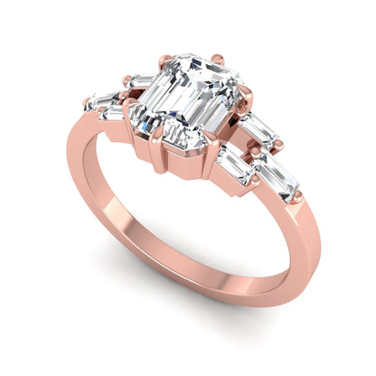 Emerald cut lab grown diamond engagement ring featuring an IGI certified center diamond with three-row baguette diamond shoulders in rose gold.
