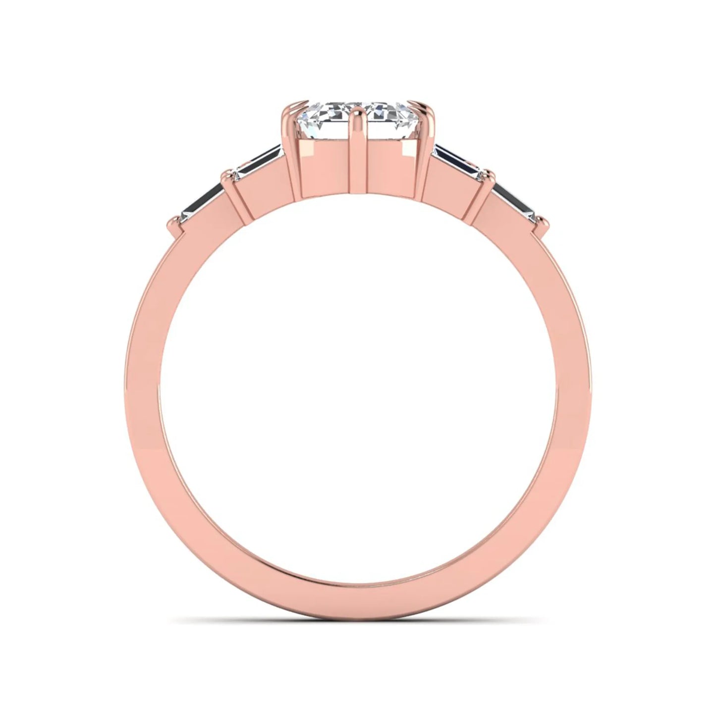 Emerald cut lab grown diamond engagement ring featuring an IGI certified center diamond with three-row baguette diamond shoulders in rose gold.