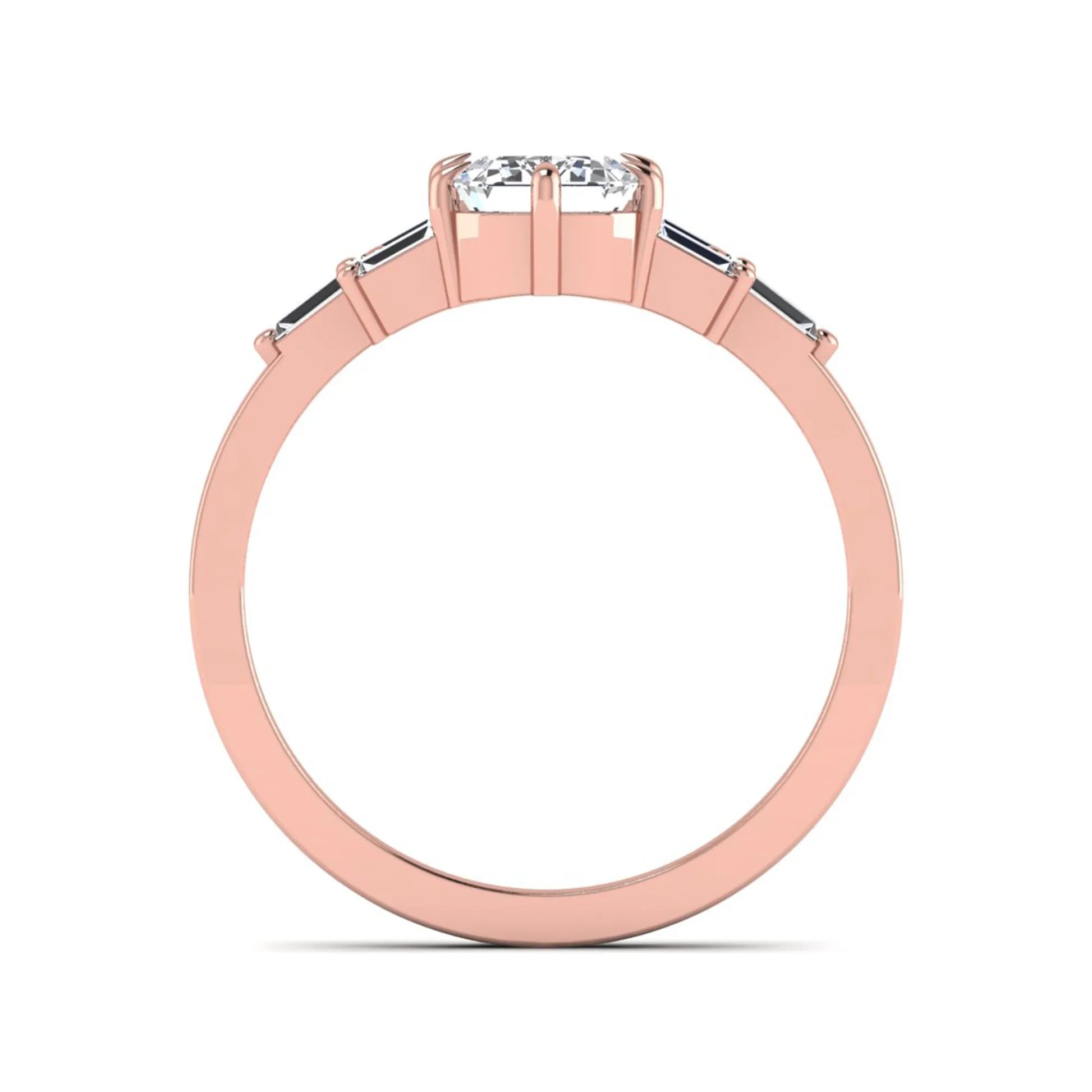 Emerald cut lab grown diamond engagement ring featuring an IGI certified center diamond with three-row baguette diamond shoulders in rose gold.