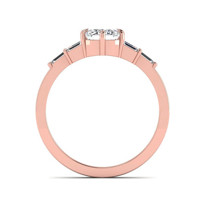 Emerald cut lab grown diamond engagement ring featuring an IGI certified center diamond with three-row baguette diamond shoulders in rose gold.