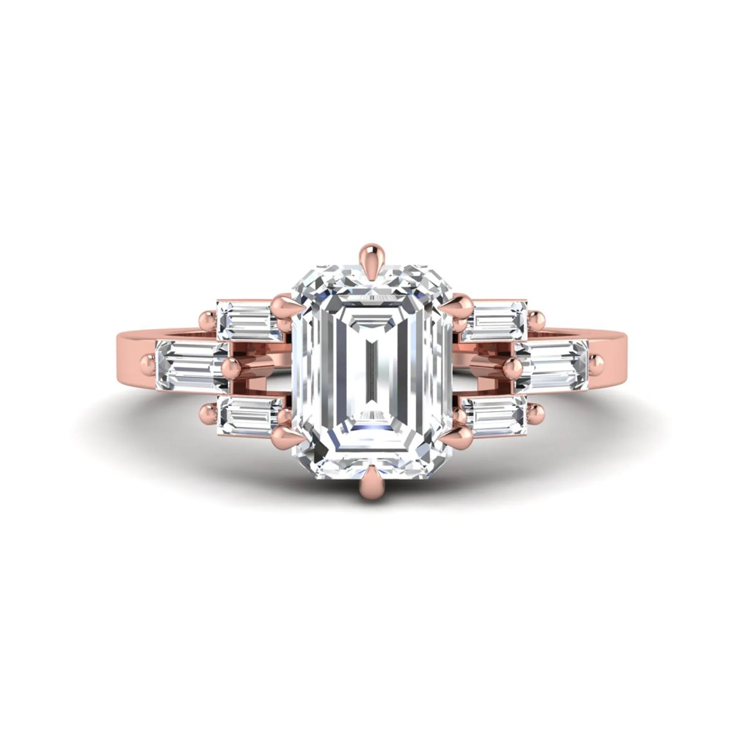 Emerald cut lab grown diamond engagement ring featuring an IGI certified center diamond with three-row baguette diamond shoulders in rose gold.