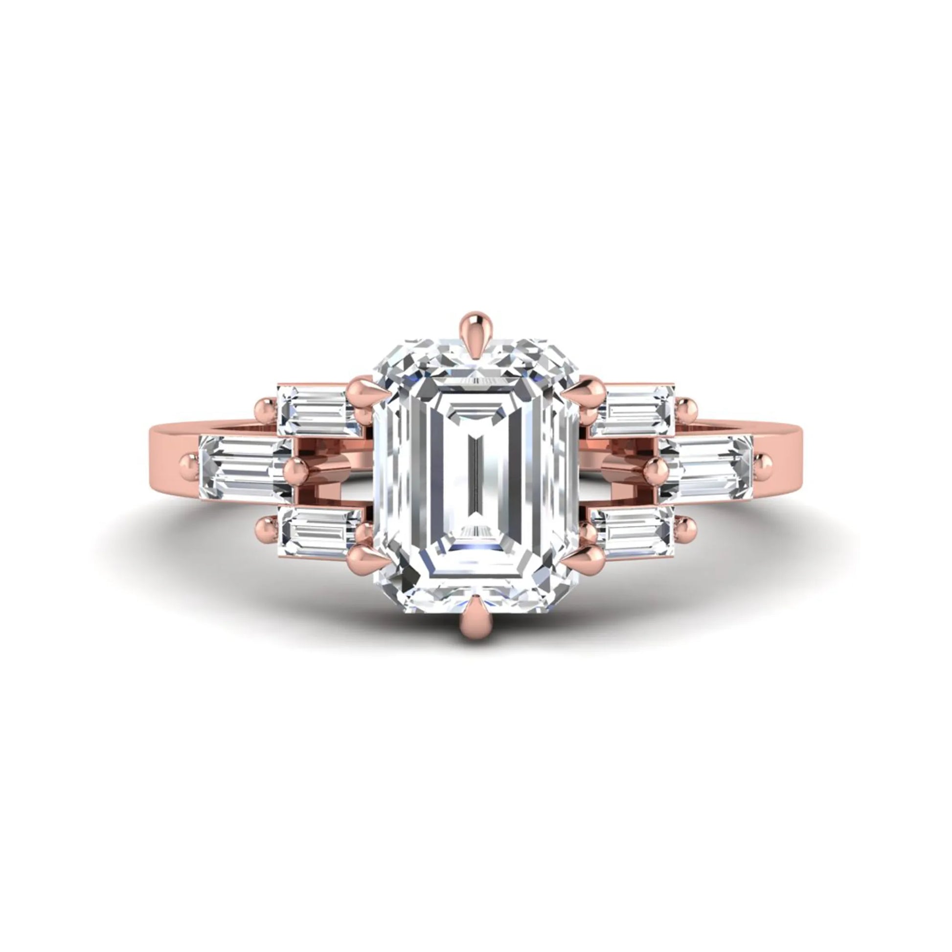 Emerald cut lab grown diamond engagement ring featuring an IGI certified center diamond with three-row baguette diamond shoulders in rose gold.