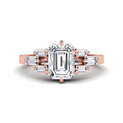 Emerald cut lab grown diamond engagement ring featuring an IGI certified center diamond with three-row baguette diamond shoulders in rose gold.