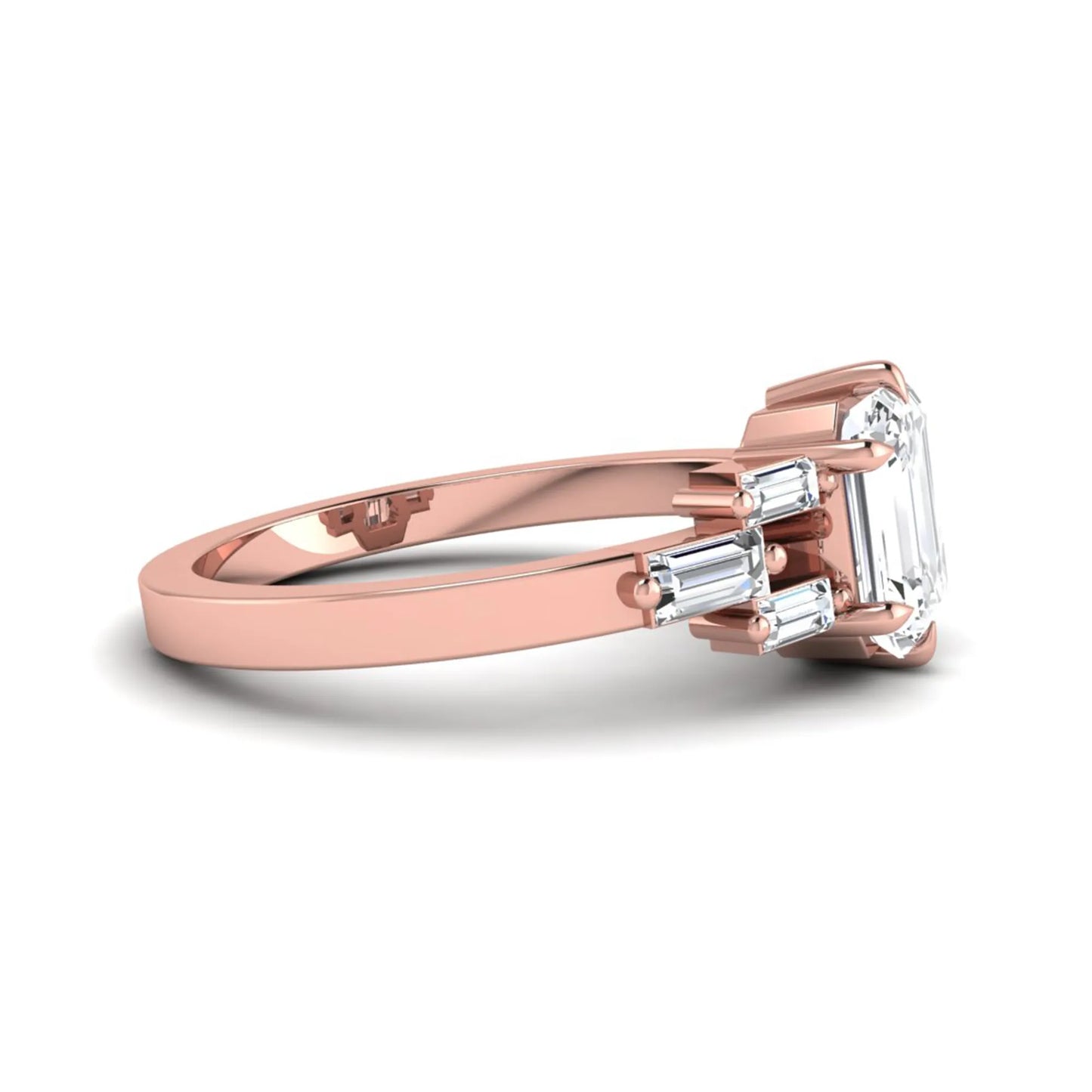 Emerald cut lab grown diamond engagement ring featuring an IGI certified center diamond with three-row baguette diamond shoulders in rose gold.