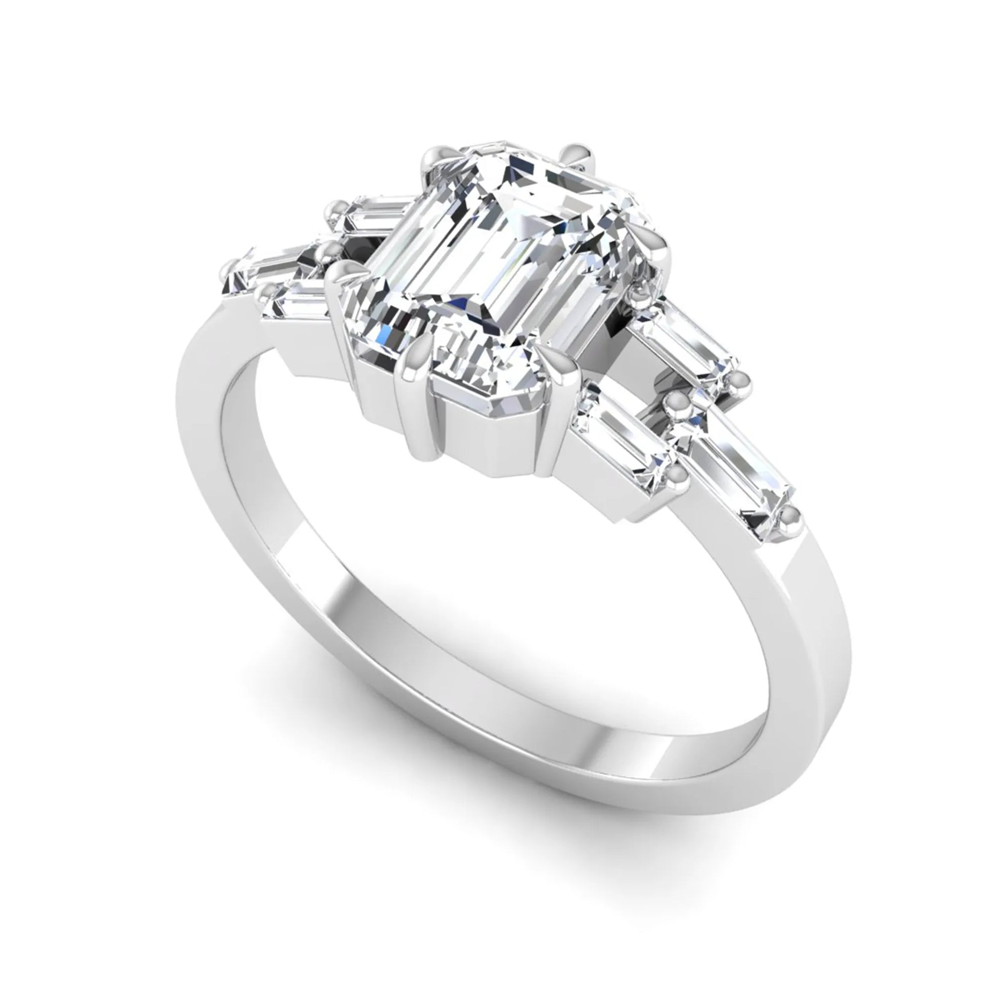 Emerald cut lab grown diamond engagement ring featuring an IGI certified center diamond with three-row baguette diamond shoulders in white gold.