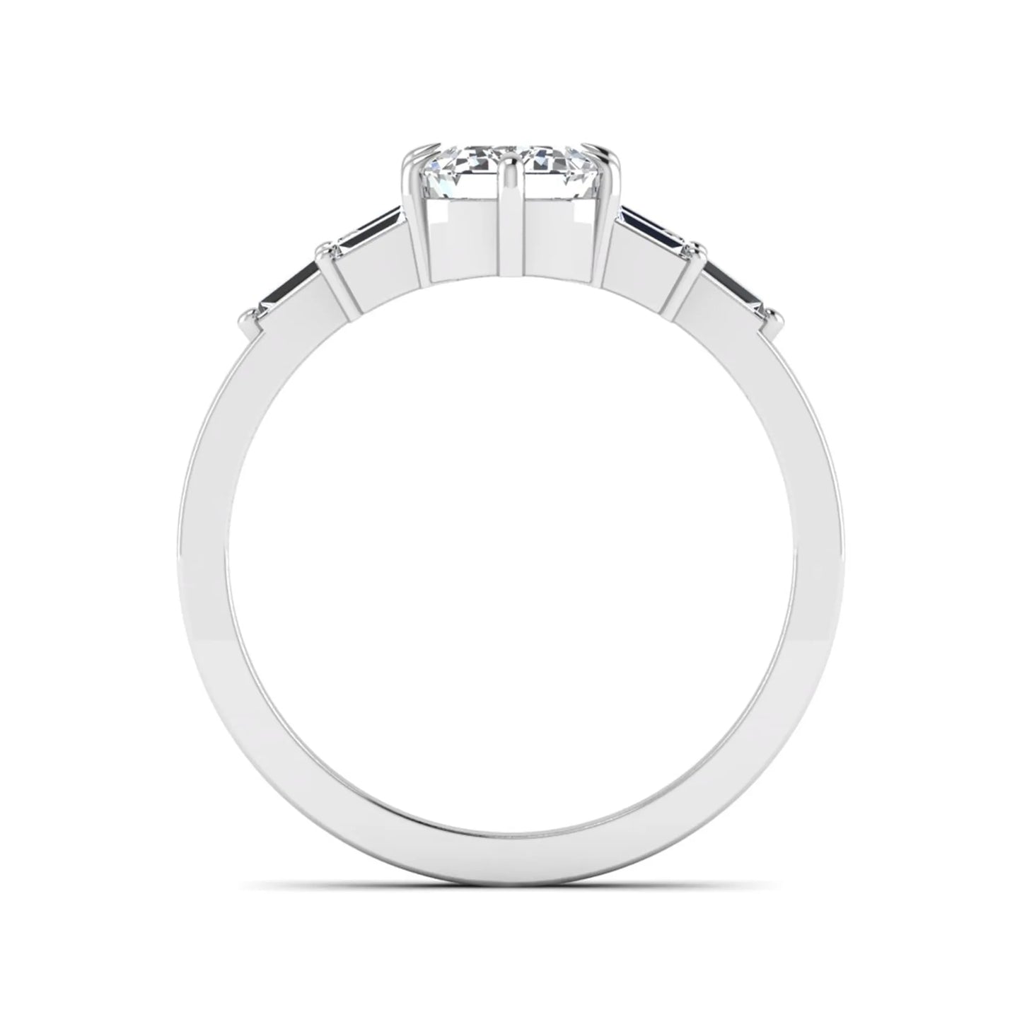 Emerald cut lab grown diamond engagement ring featuring an IGI certified center diamond with three-row baguette diamond shoulders in white gold.