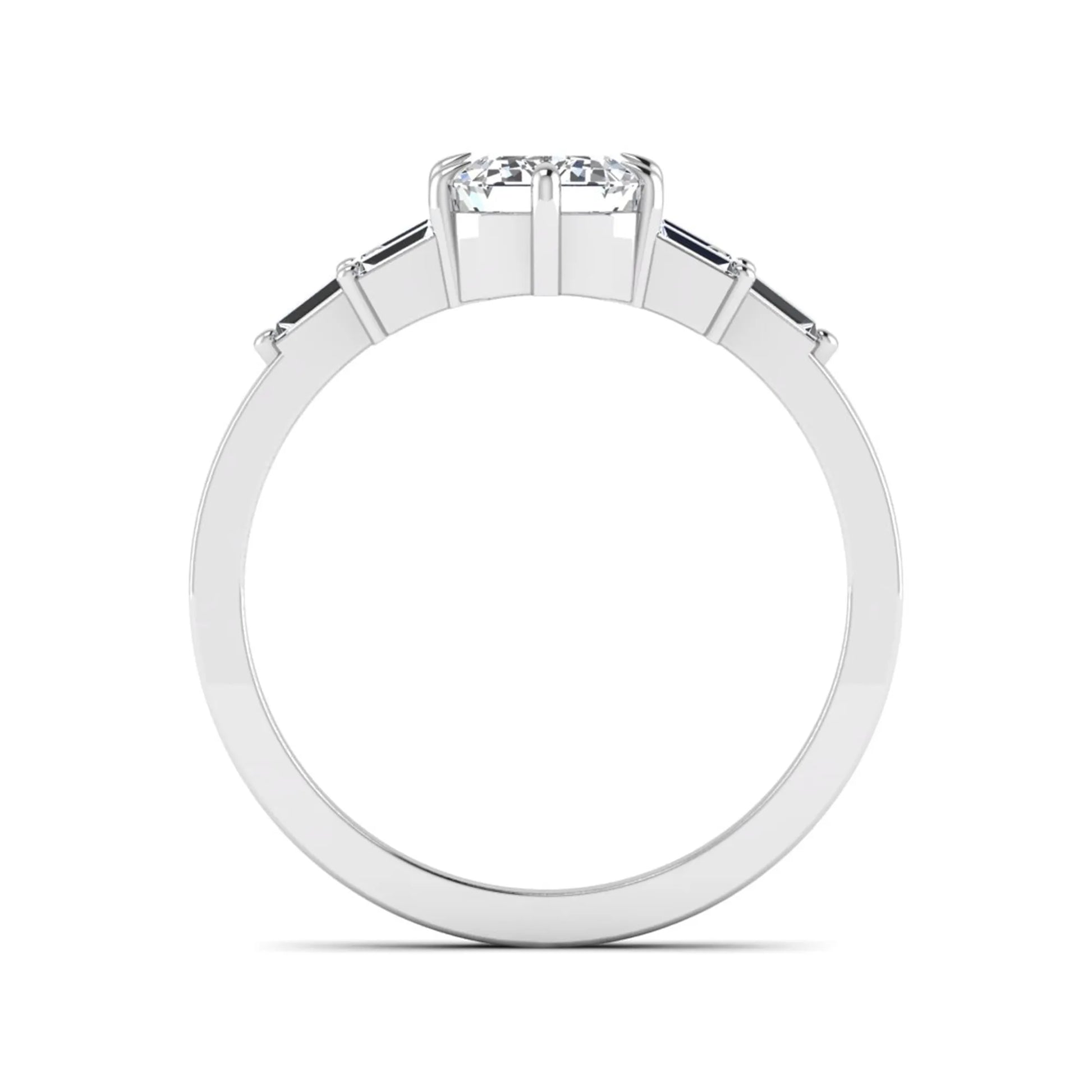 Emerald cut lab grown diamond engagement ring featuring an IGI certified center diamond with three-row baguette diamond shoulders in white gold.