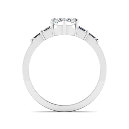 Emerald cut lab grown diamond engagement ring featuring an IGI certified center diamond with three-row baguette diamond shoulders in white gold.