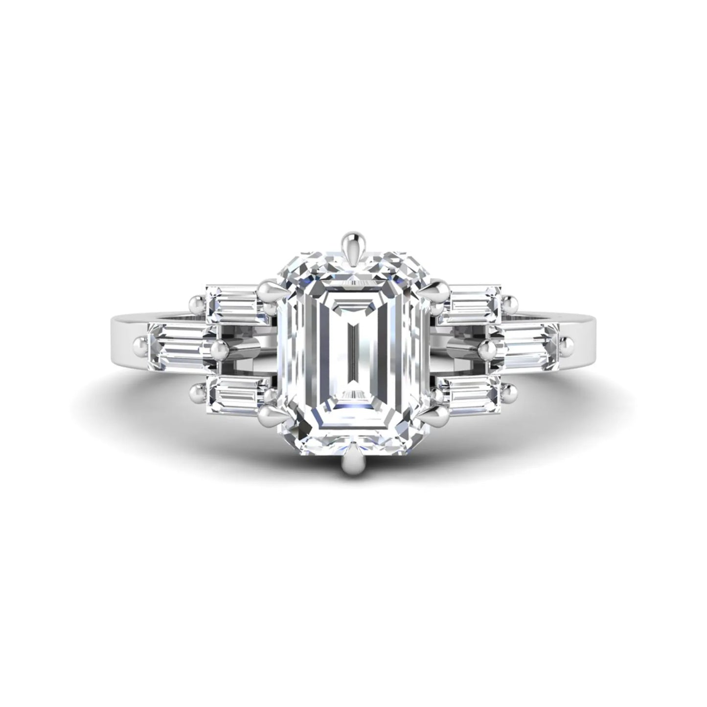 Emerald cut lab grown diamond engagement ring featuring an IGI certified center diamond with three-row baguette diamond shoulders in white gold.