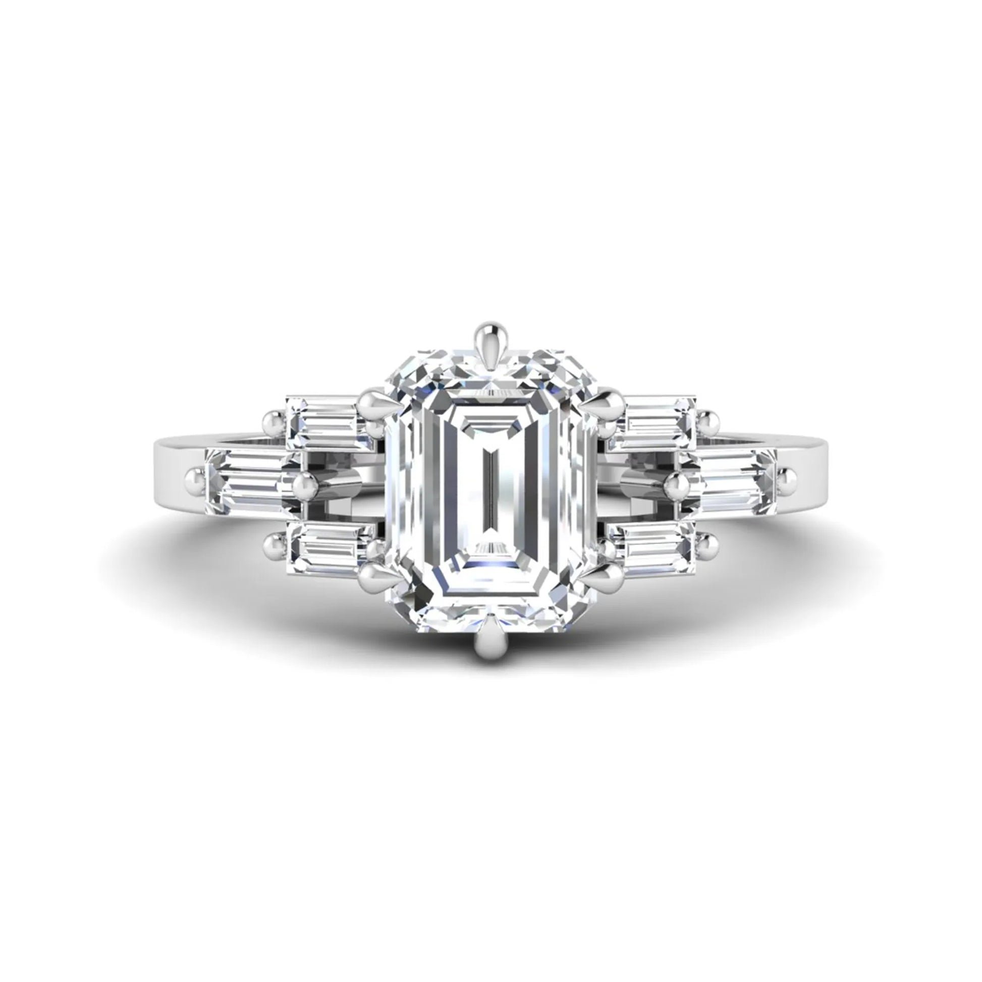 Emerald cut lab grown diamond engagement ring featuring an IGI certified center diamond with three-row baguette diamond shoulders in white gold.
