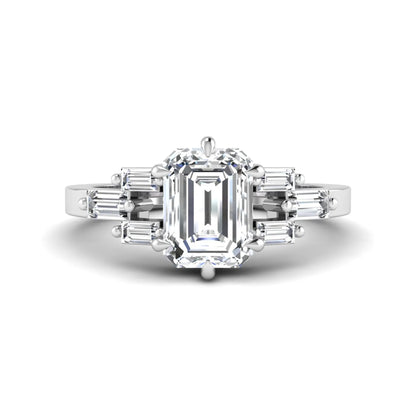 Emerald cut lab grown diamond engagement ring featuring an IGI certified center diamond with three-row baguette diamond shoulders in white gold.