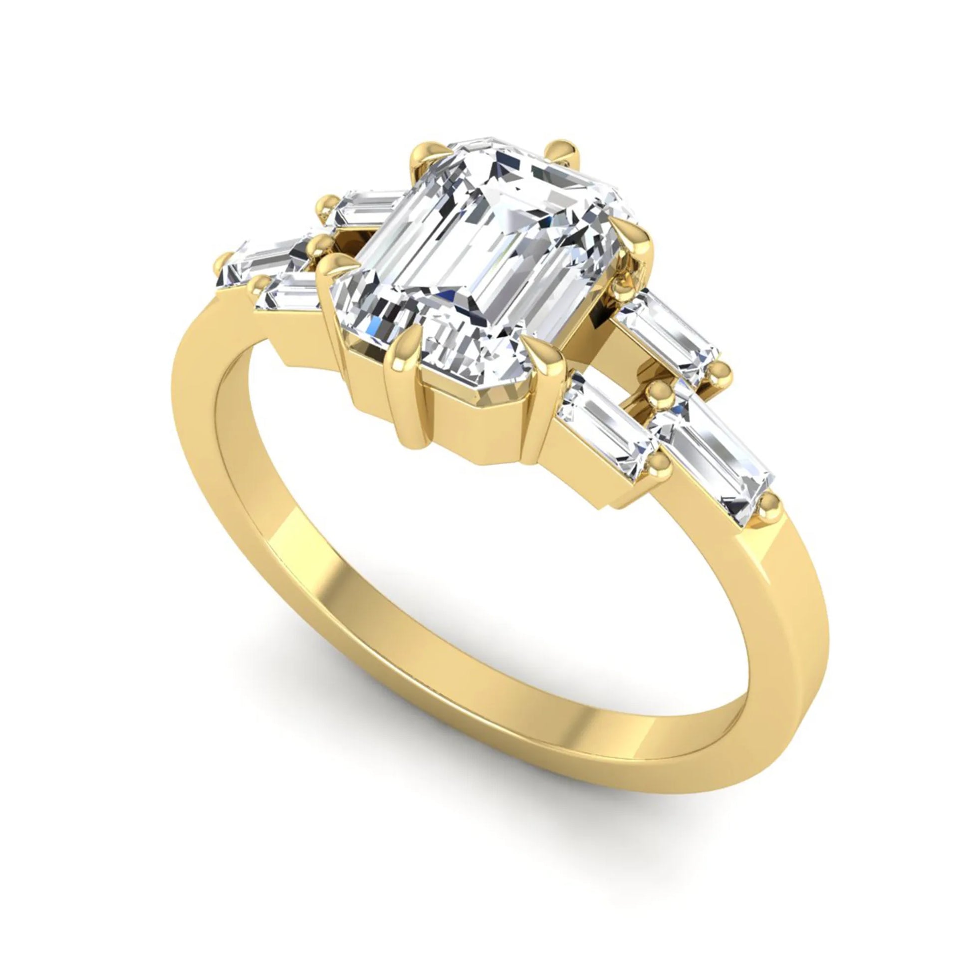 Emerald cut lab grown diamond engagement ring featuring an IGI certified center diamond with three-row baguette diamond shoulders in yellow gold.