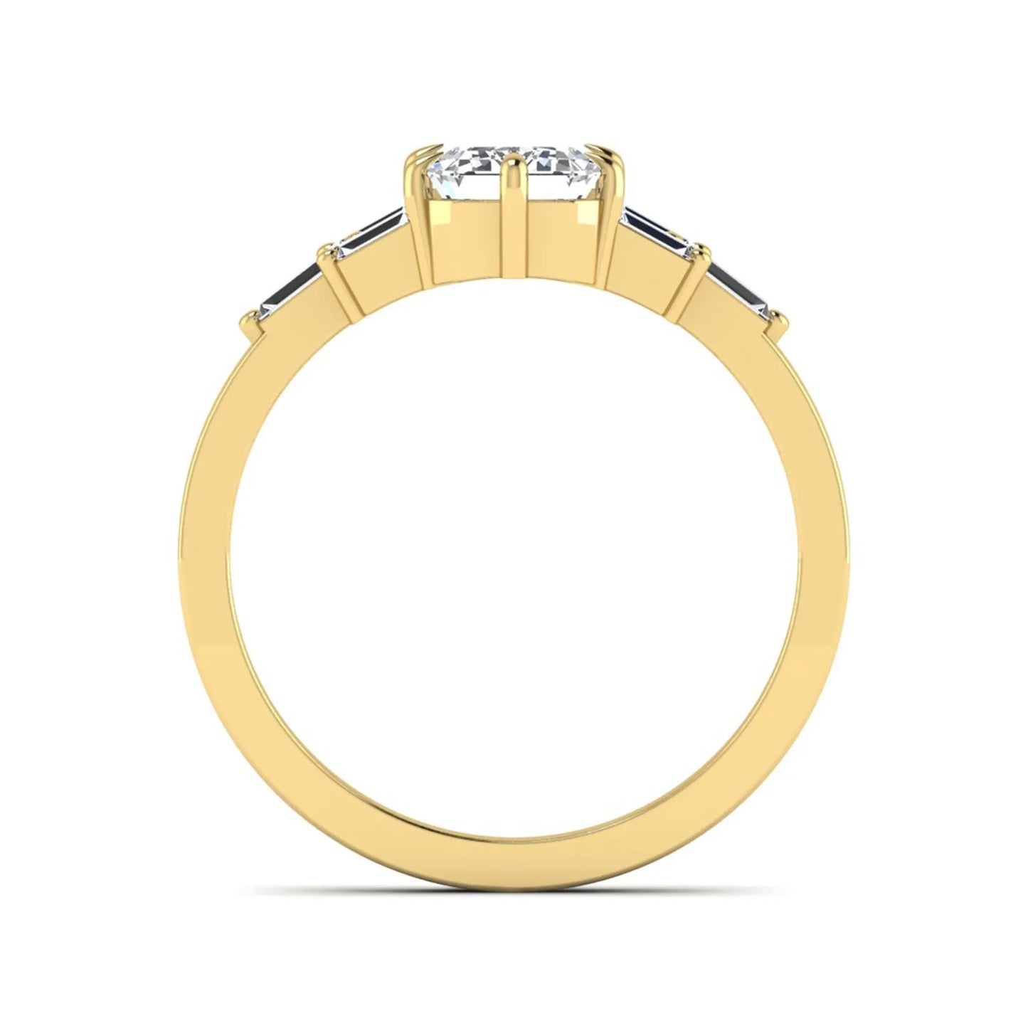 Emerald cut lab grown diamond engagement ring featuring an IGI certified center diamond with three-row baguette diamond shoulders in yellow gold.