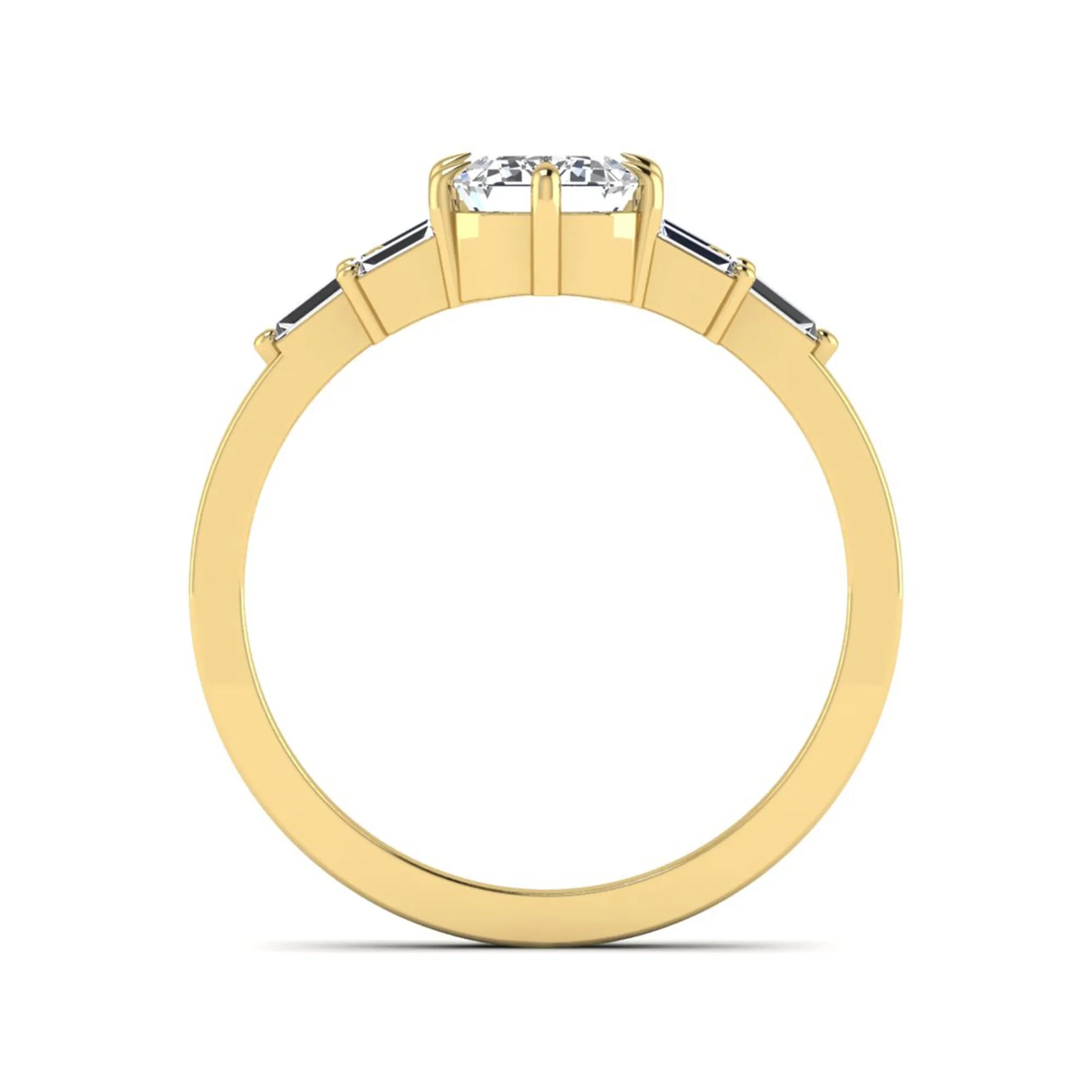 Emerald cut lab grown diamond engagement ring featuring an IGI certified center diamond with three-row baguette diamond shoulders in yellow gold.