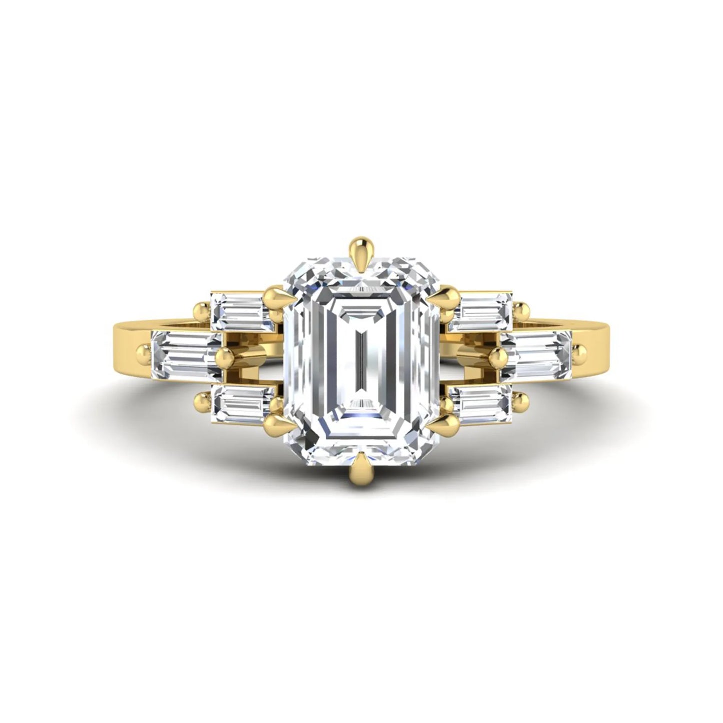 Emerald cut lab grown diamond engagement ring featuring an IGI certified center diamond with three-row baguette diamond shoulders in yellow gold.