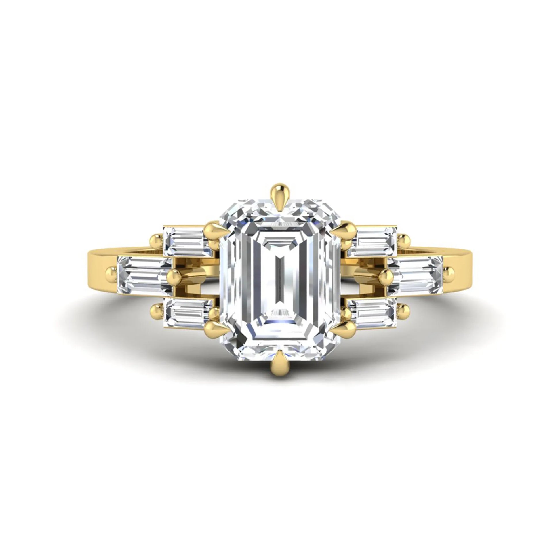 Emerald cut lab grown diamond engagement ring featuring an IGI certified center diamond with three-row baguette diamond shoulders in yellow gold.
