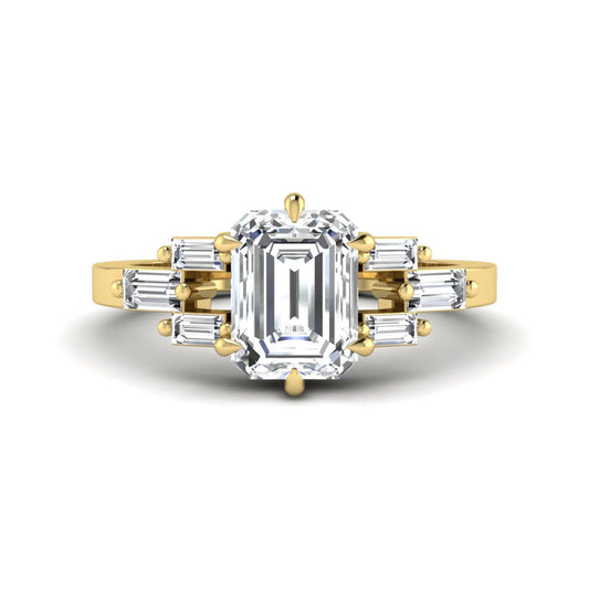 Emerald cut lab grown diamond engagement ring featuring an IGI certified center diamond with three-row baguette diamond shoulders in yellow gold.