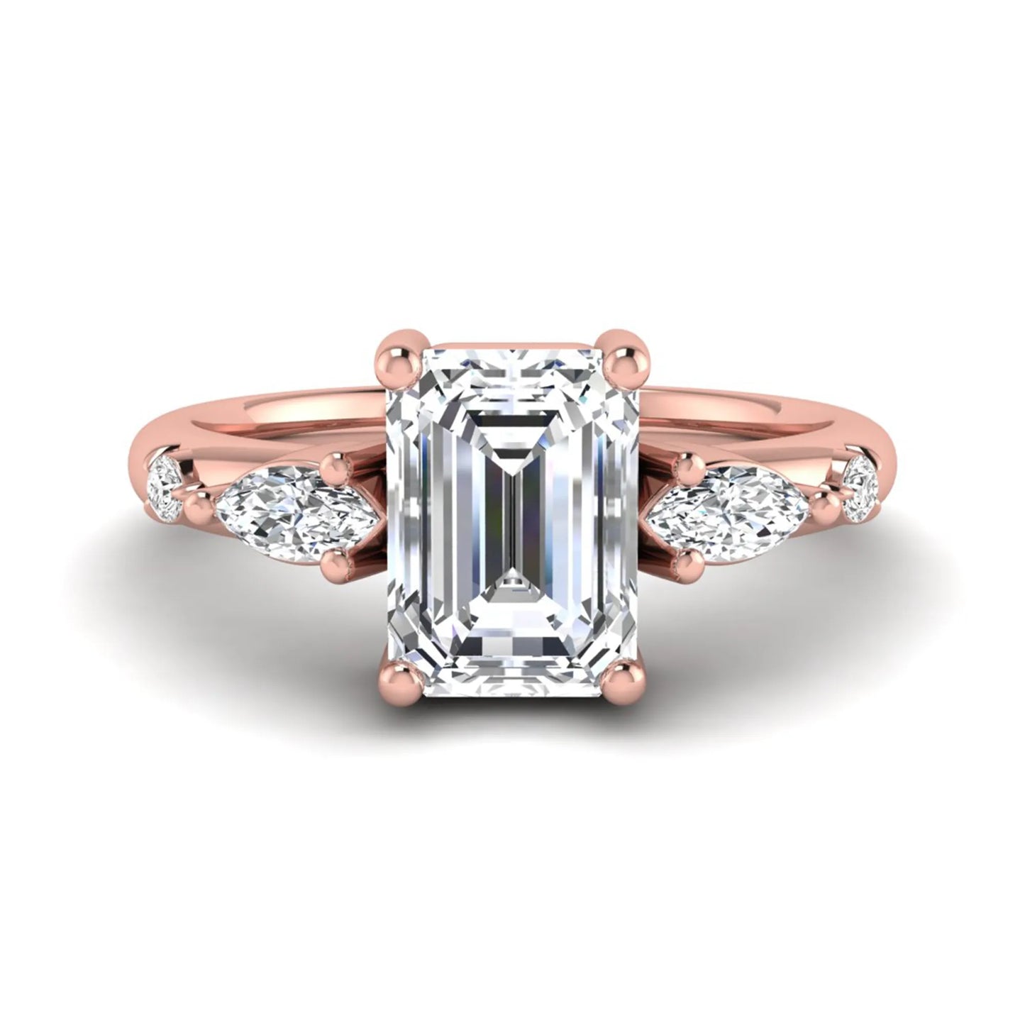 Emerald Marquise & Round Three Stone Lab Grown Diamond Engagement Ring featuring a 7.00 × 5.00 mm emerald-cut center diamond with marquise and round side diamonds in rose gold.