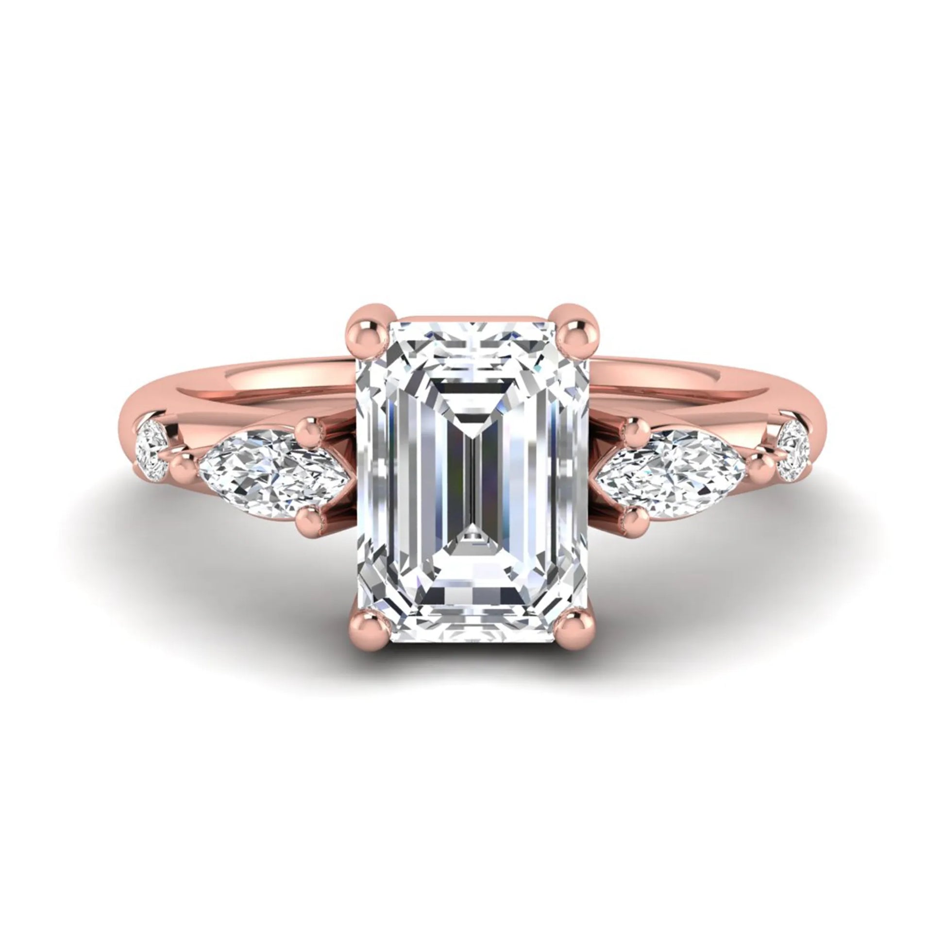Emerald Marquise & Round Three Stone Lab Grown Diamond Engagement Ring featuring a 7.00 × 5.00 mm emerald-cut center diamond with marquise and round side diamonds in rose gold.