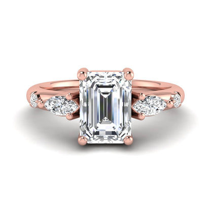 Emerald Marquise & Round Three Stone Lab Grown Diamond Engagement Ring featuring a 7.00 × 5.00 mm emerald-cut center diamond with marquise and round side diamonds in rose gold.