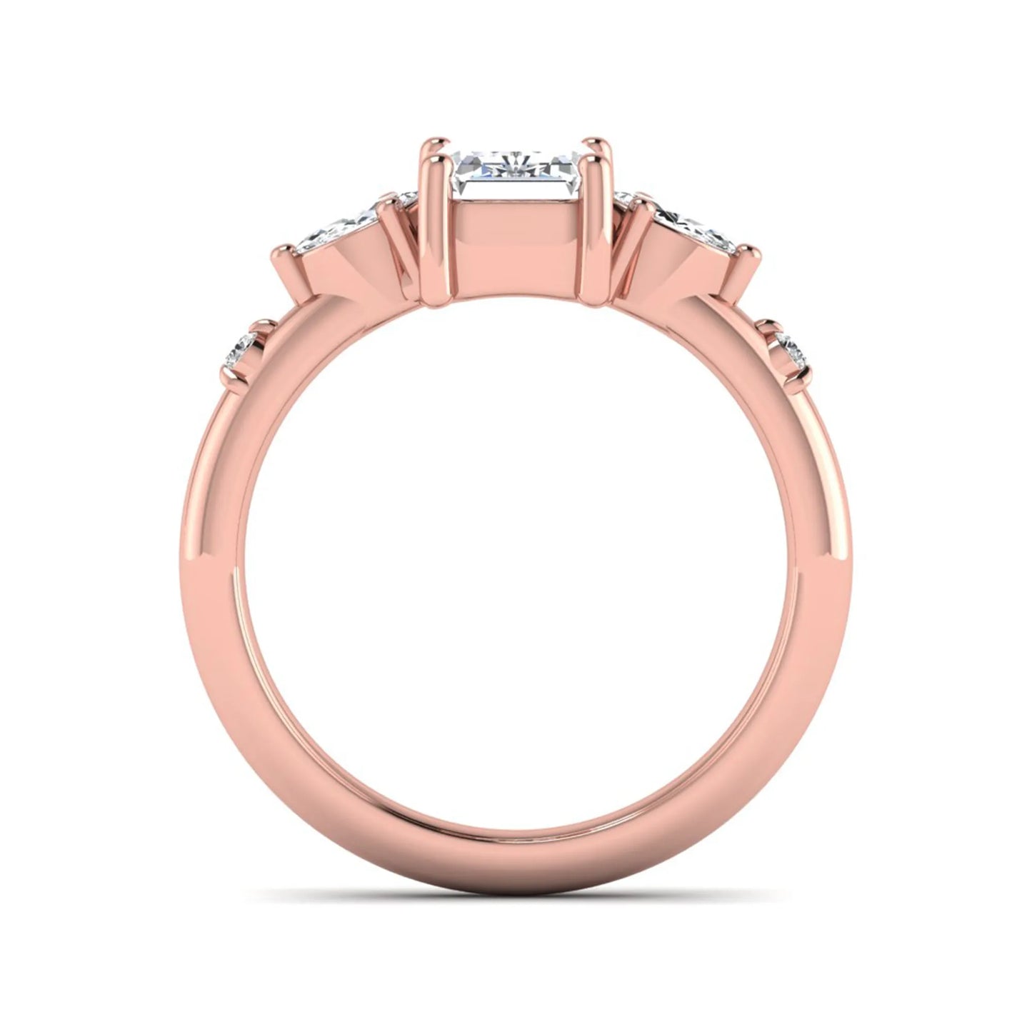 Emerald Marquise & Round Three Stone Lab Grown Diamond Engagement Ring featuring a 7.00 × 5.00 mm emerald-cut center diamond with marquise and round side diamonds in rose gold.