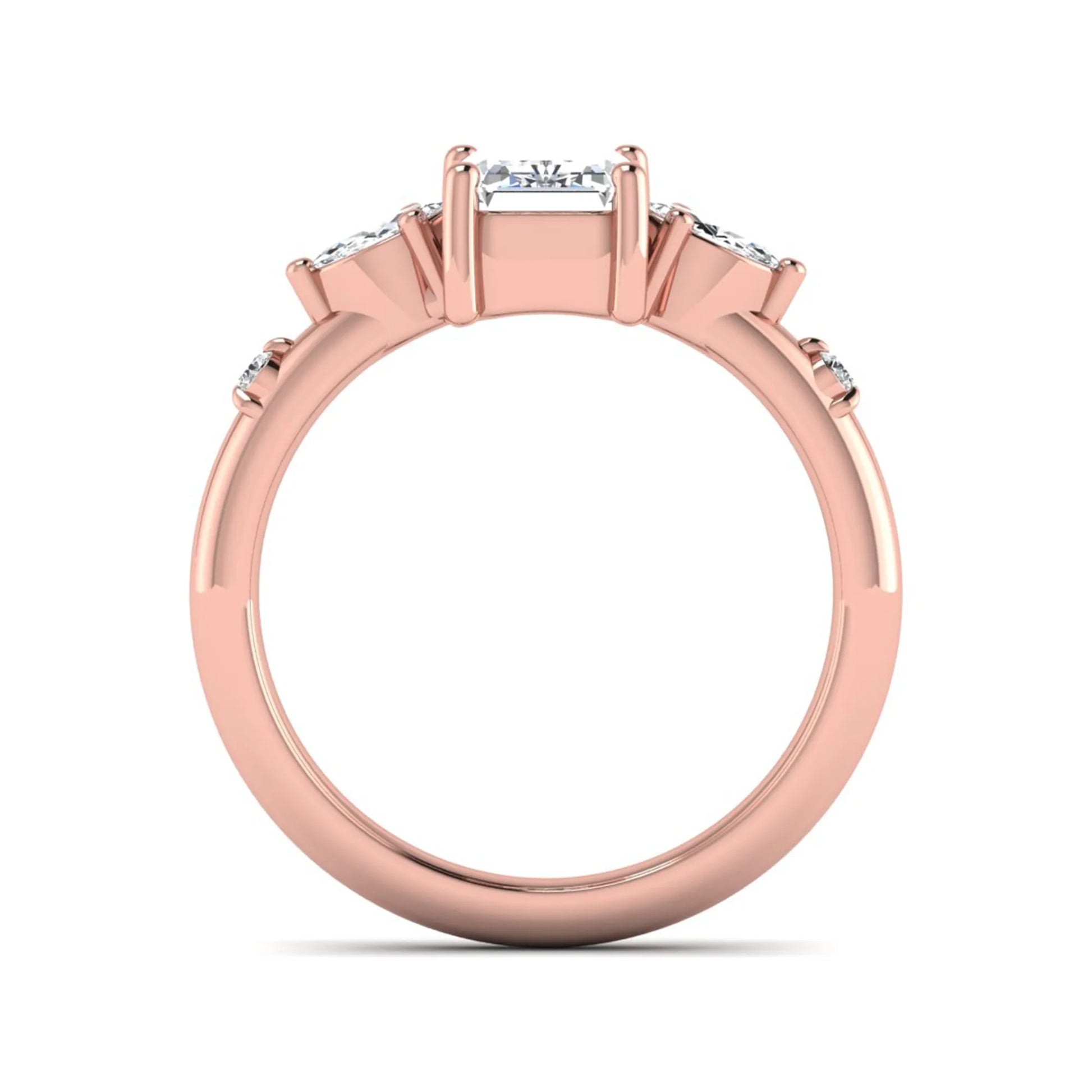 Emerald Marquise & Round Three Stone Lab Grown Diamond Engagement Ring featuring a 7.00 × 5.00 mm emerald-cut center diamond with marquise and round side diamonds in rose gold.