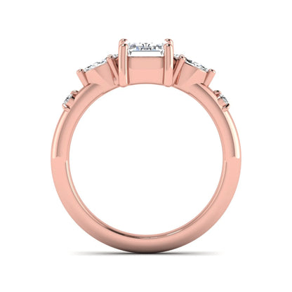 Emerald Marquise & Round Three Stone Lab Grown Diamond Engagement Ring featuring a 7.00 × 5.00 mm emerald-cut center diamond with marquise and round side diamonds in rose gold.