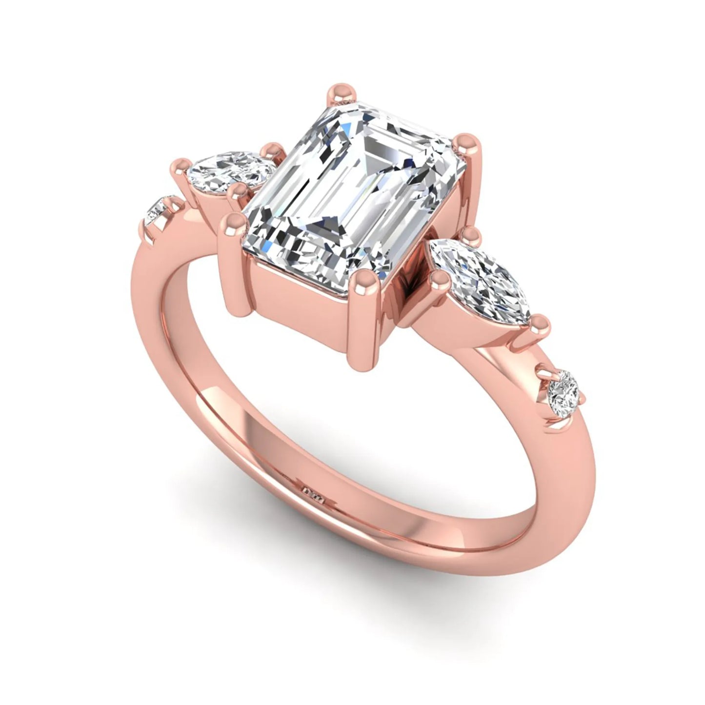 Emerald Marquise & Round Three Stone Lab Grown Diamond Engagement Ring featuring a 7.00 × 5.00 mm emerald-cut center diamond with marquise and round side diamonds in rose gold.