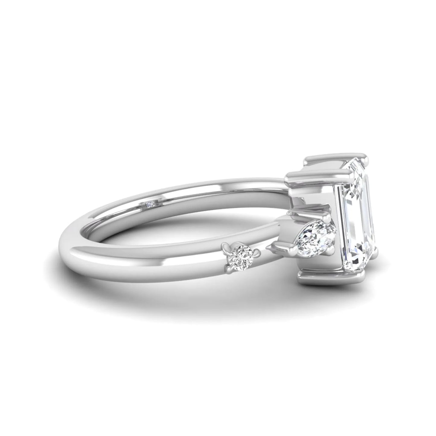 Emerald Marquise & Round Three Stone Lab Grown Diamond Engagement Ring featuring a 7.00 × 5.00 mm emerald-cut center diamond with marquise and round side diamonds in white gold.