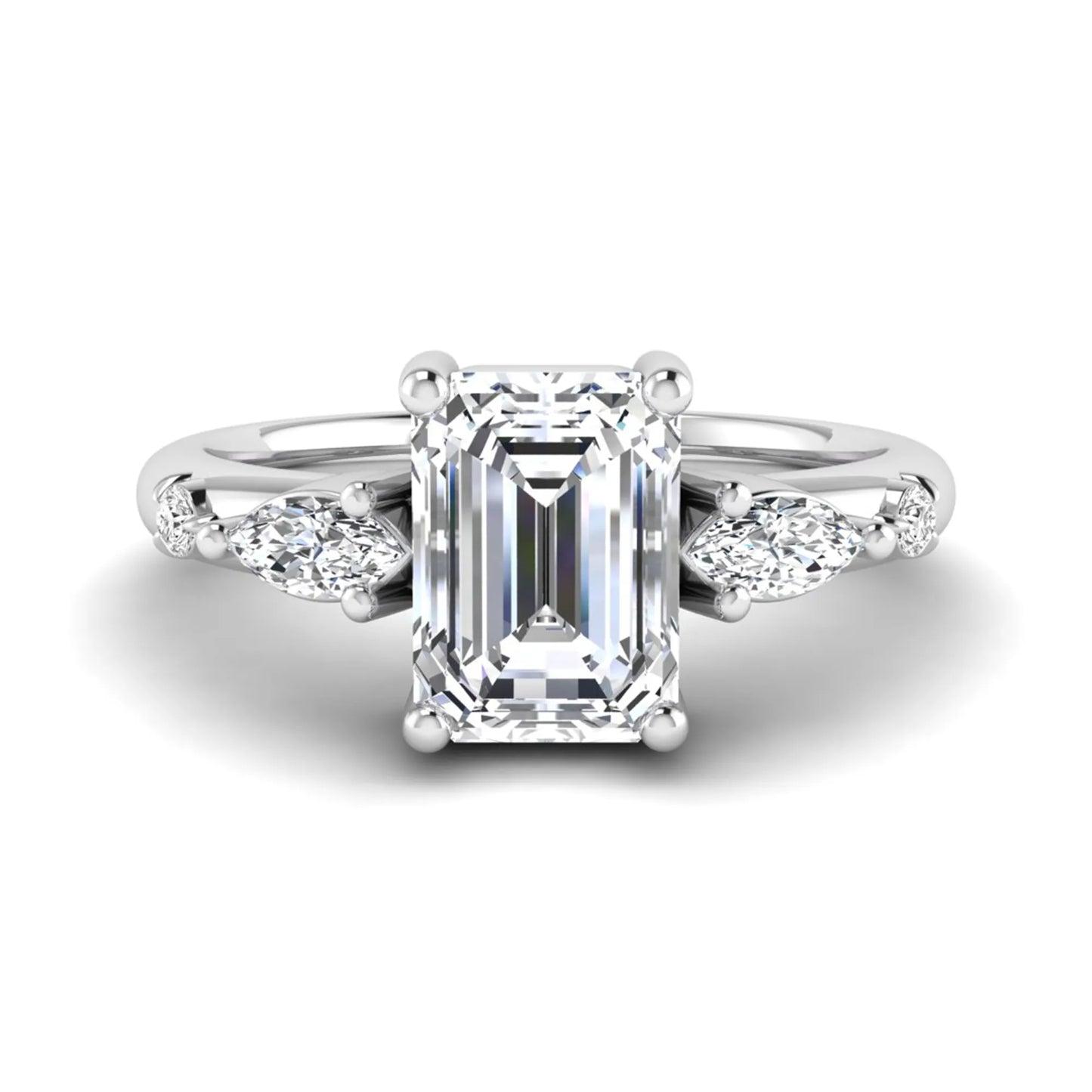 Emerald Marquise & Round Three Stone Lab Grown Diamond Engagement Ring featuring a 7.00 × 5.00 mm emerald-cut center diamond with marquise and round side diamonds in white gold.