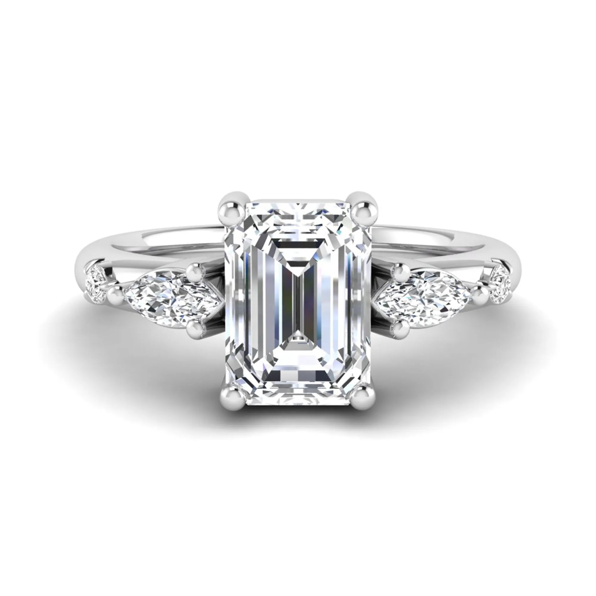 Emerald Marquise & Round Three Stone Lab Grown Diamond Engagement Ring featuring a 7.00 × 5.00 mm emerald-cut center diamond with marquise and round side diamonds in white gold.