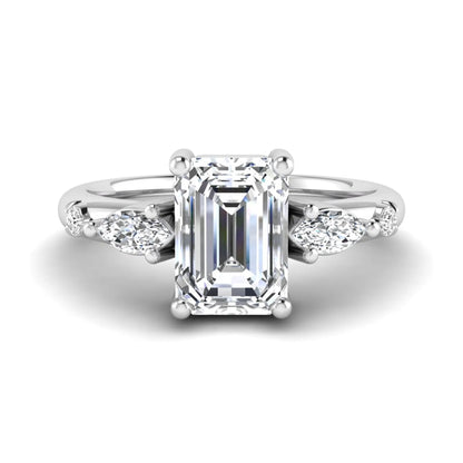 Emerald Marquise & Round Three Stone Lab Grown Diamond Engagement Ring featuring a 7.00 × 5.00 mm emerald-cut center diamond with marquise and round side diamonds in white gold.