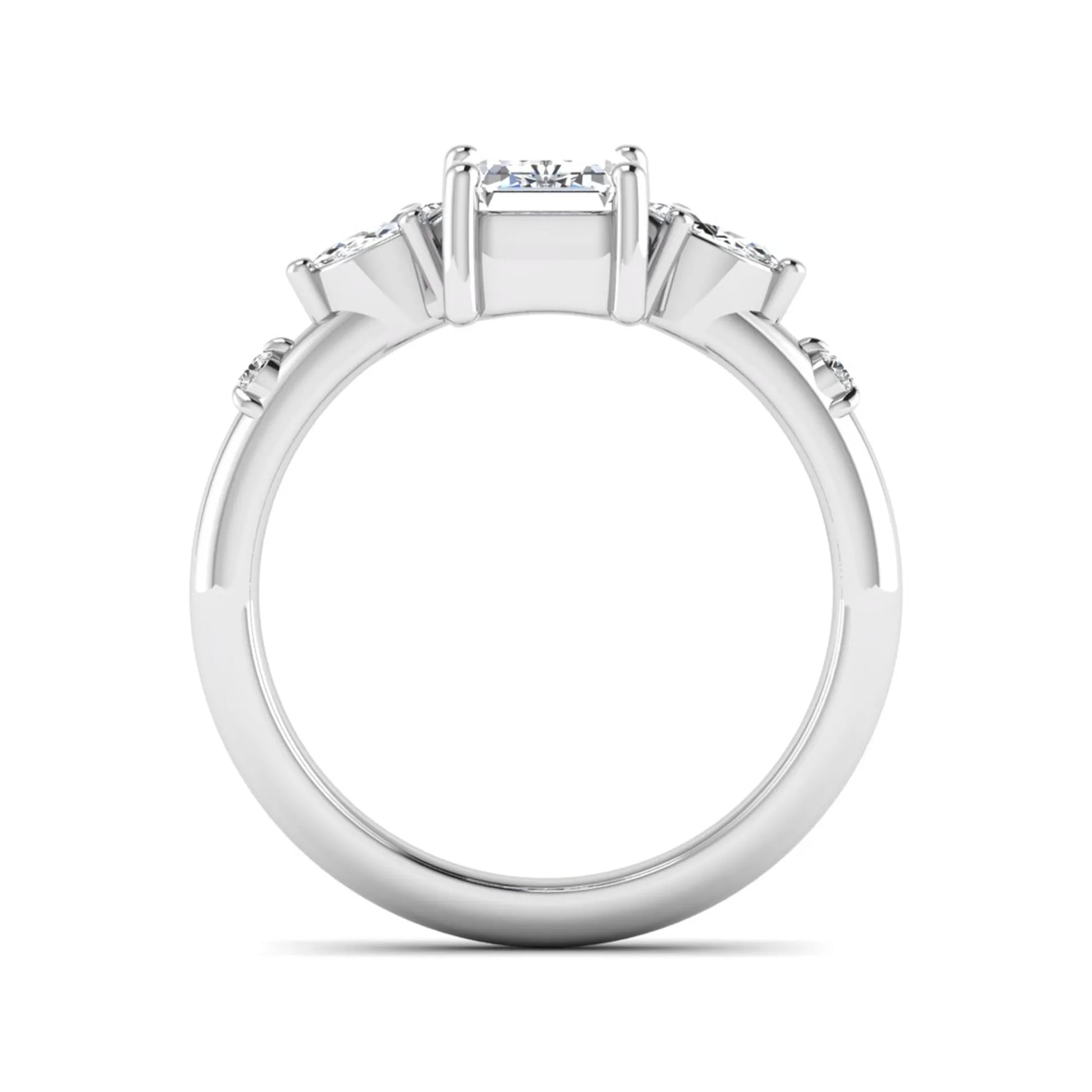 Emerald Marquise & Round Three Stone Lab Grown Diamond Engagement Ring featuring a 7.00 × 5.00 mm emerald-cut center diamond with marquise and round side diamonds in white gold.